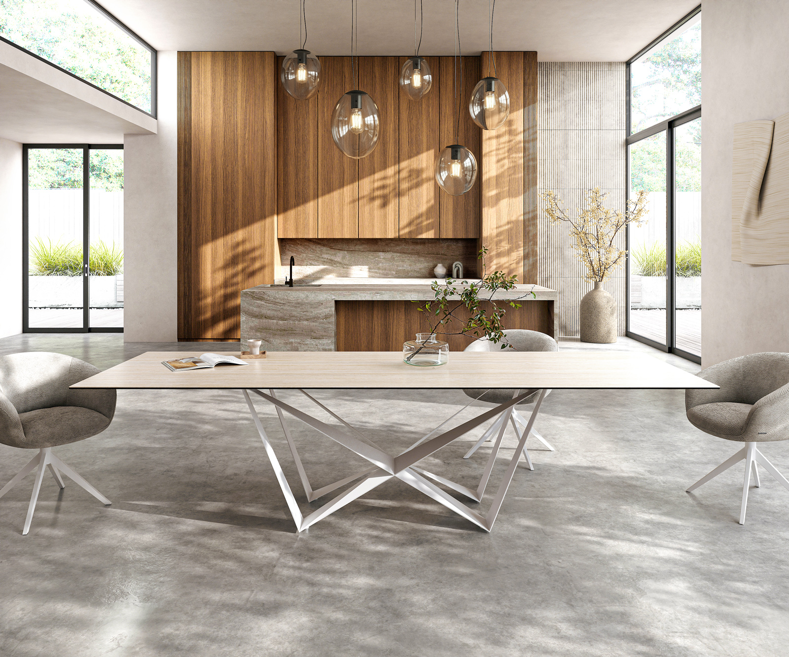 Jedálenský stôl Edge 300x100 keramika Laminam® Travertino Bianco krémovo biela Spider kov biela - Image 2