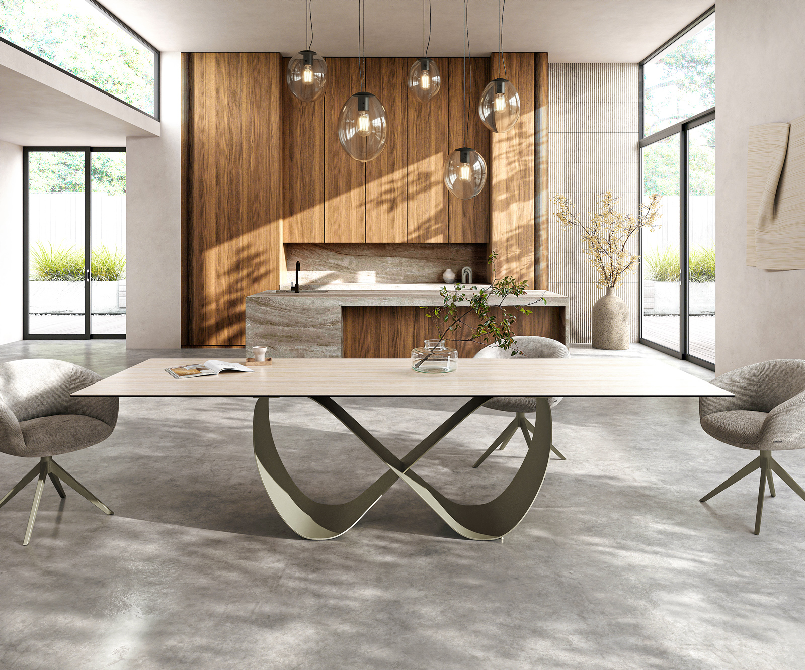 Jedálenský stôl Edge 300x100 keramika Laminam® Travertino Bianco krémovo biela Infinity kov titánová farba - Image 2