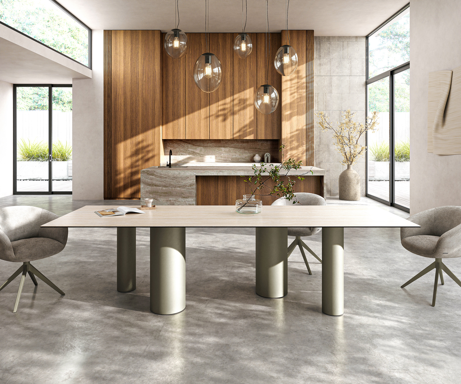 Jedálenský stôl Edge 300x100 keramika Laminam® Travertino Bianco krémovo biela pilier kov titánová farba - Image 2