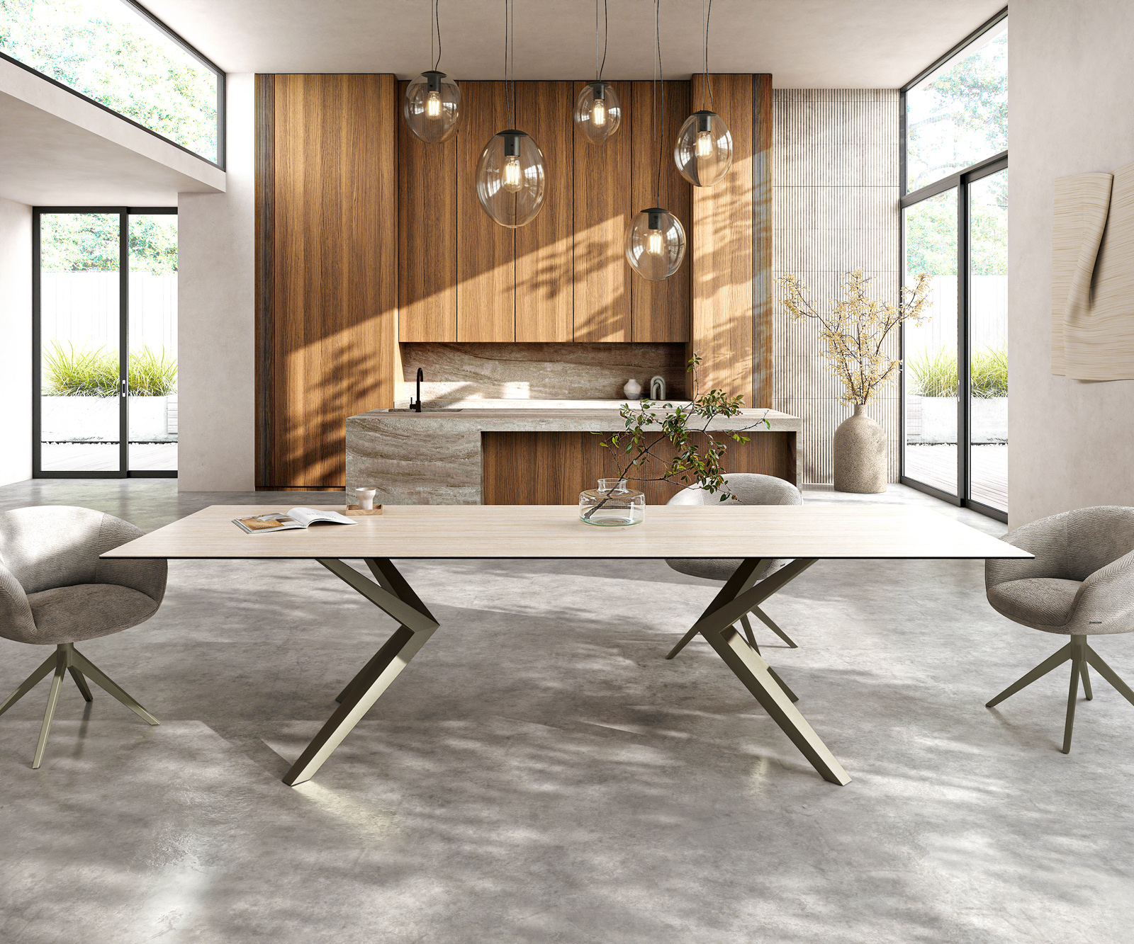 Jedálenský stôl Edge 300x100 keramika Laminam® Travertino Bianco krémovo biela Zenthara hranatý kov titánová farba - Image 2