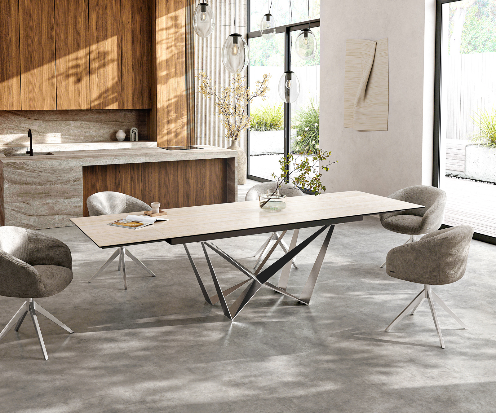 Jedálenský stôl Edge 200-300x100 keramika Laminam® Travertino Bianco krémovo biela Spider plochá oceľ nerezová oceľ rozkladací - Image 7