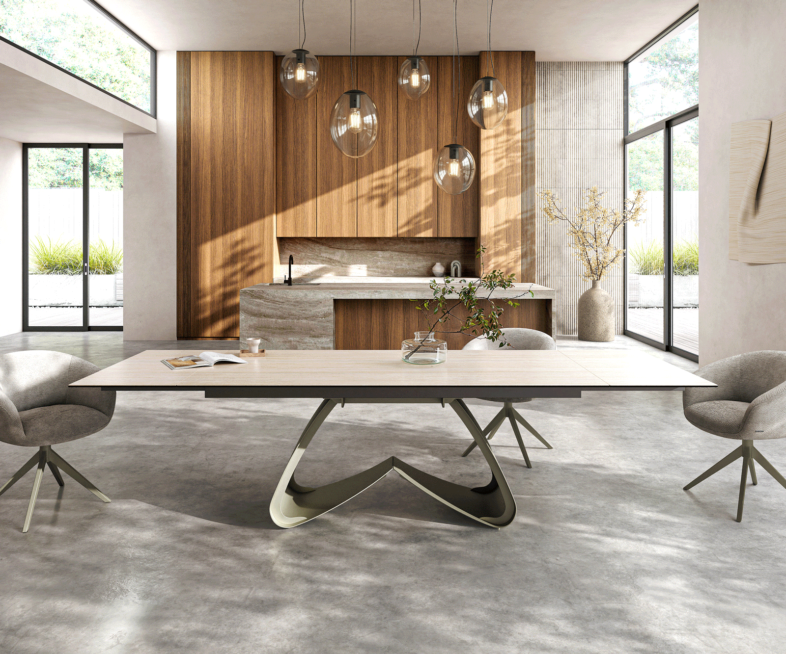 Jedálenský stôl Edge 200-300x100 cm keramika Laminam® Travertino Bianco bielo-krémová podstava v tvare W titánová farba rozkladací - Image 2