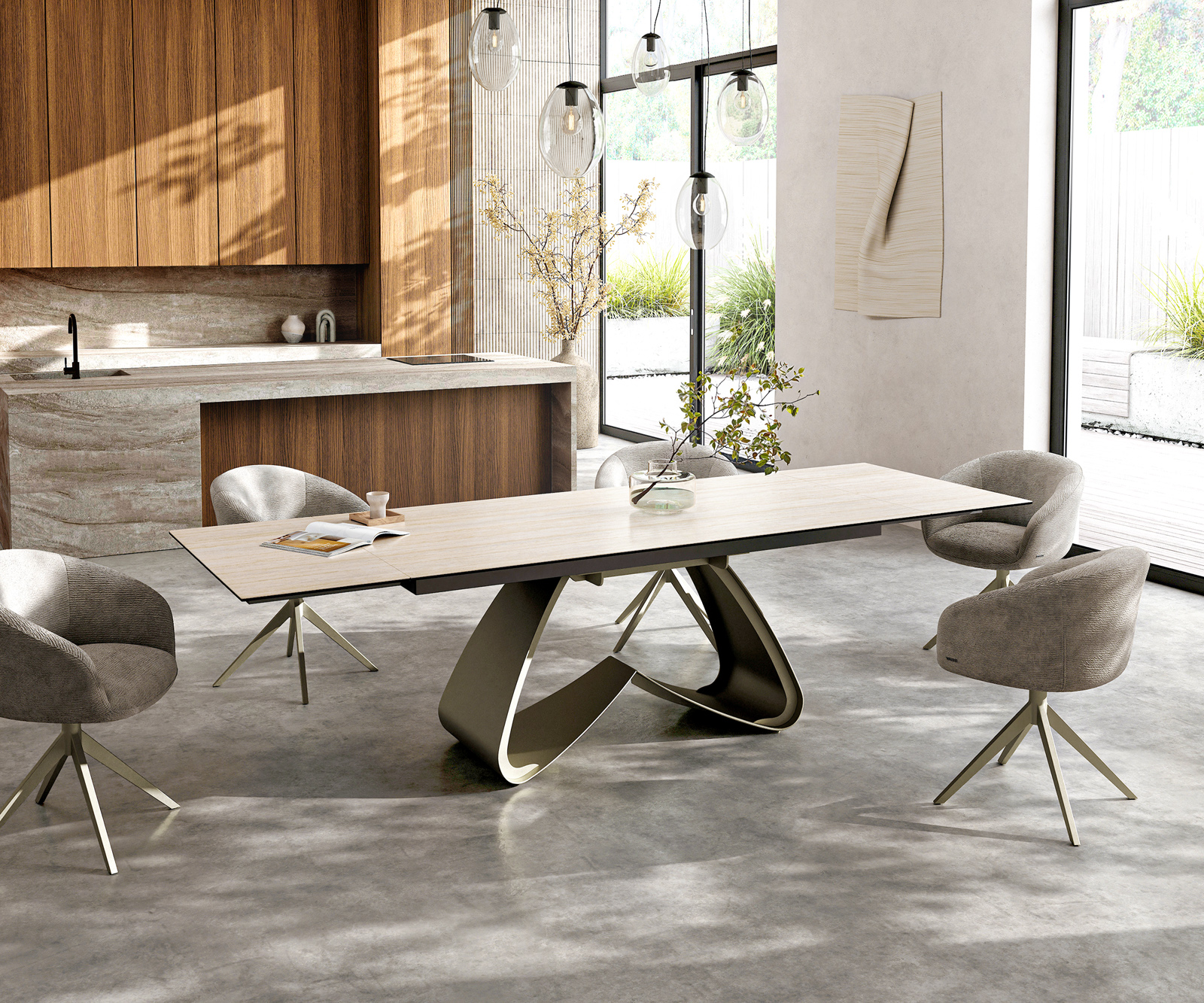 Jedálenský stôl Edge 200-300x100 cm keramika Laminam® Travertino Bianco bielo-krémová podstava v tvare W titánová farba rozkladací - Image 7