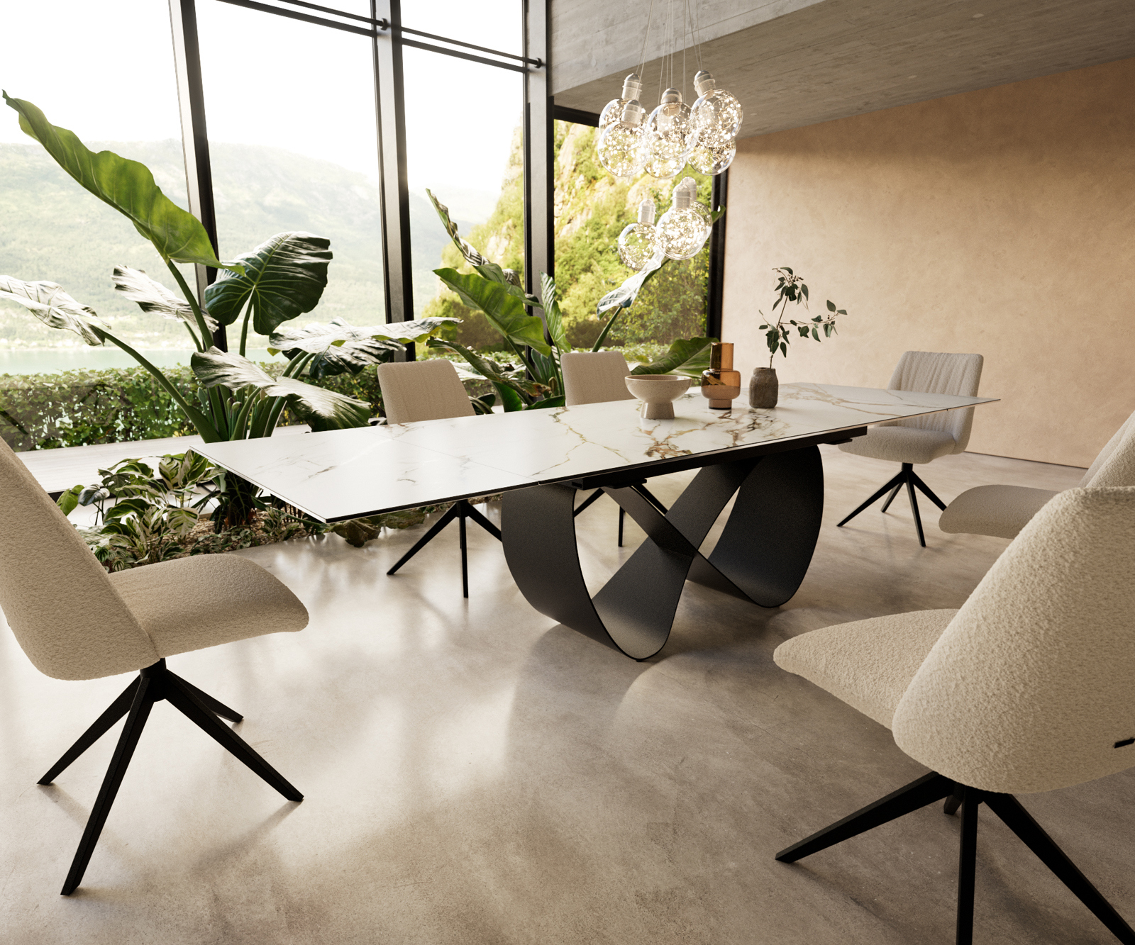 Jedálenský stôl Edge 200-300x100 cm keramika Calacatta Luxe bielo-zlato-šedá Infinity kov čierny rozkladací