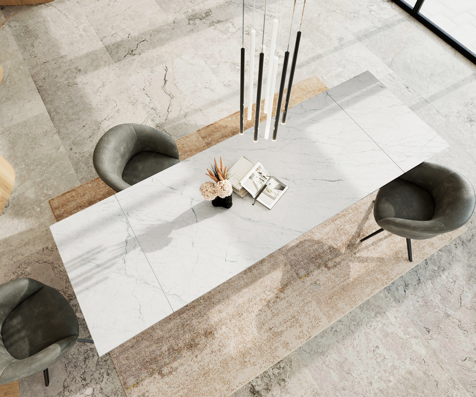 Jedálenský stôl Edge 200-300x100 cm keramika Laminam® Statuarietto biela Infinity kov čierna rozkladací - Image 4