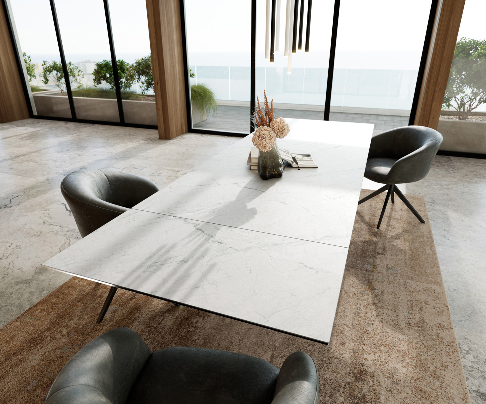 Jedálenský stôl Edge 200-300x100 cm keramika Laminam® Statuarietto biela Infinity kov čierna rozkladací - Image 7