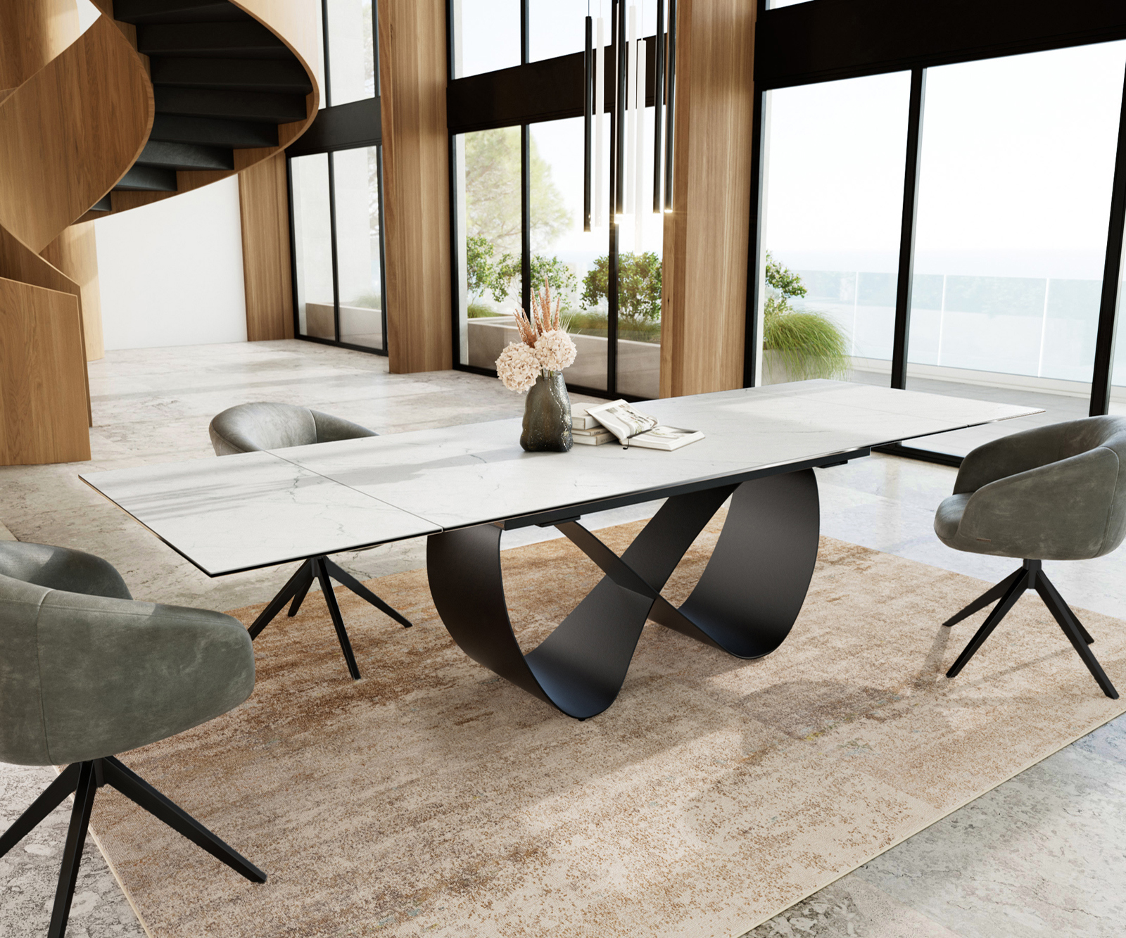 Jedálenský stôl Edge 200-300x100 cm keramika Laminam® Statuarietto biela Infinity kov čierna rozkladací - Image 8