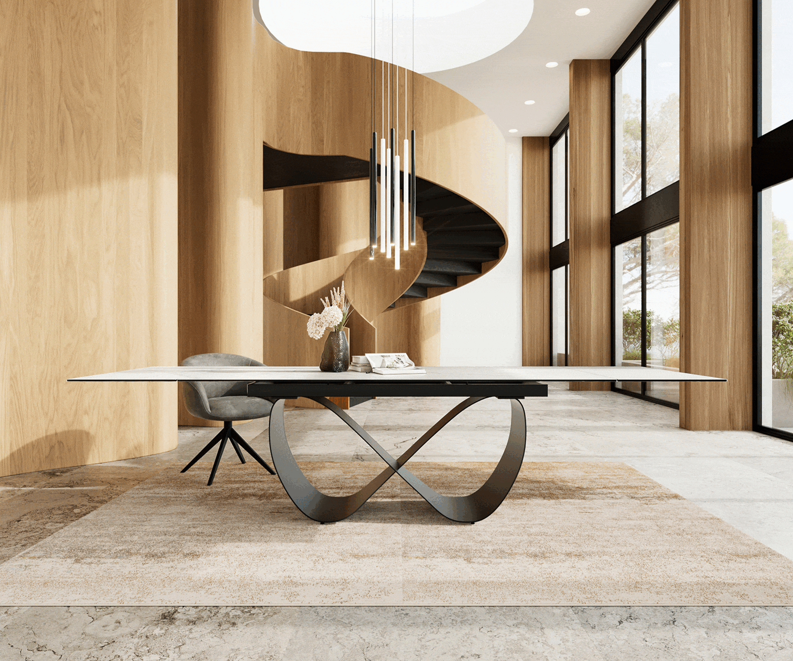 Jedálenský stôl Edge 200-300x100 cm keramika Laminam® Statuarietto biela Infinity kov čierna rozkladací - Image 2