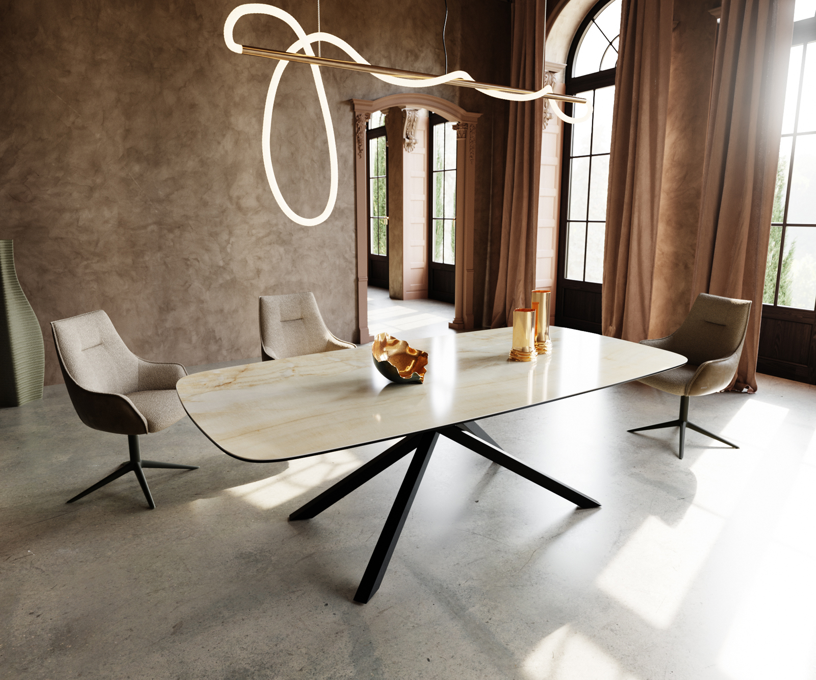 Jedálenský stôl Edge zaoblený 240x120 cm keramika Iris FMG Onice Oro krížová podstava obdĺžnik čierna