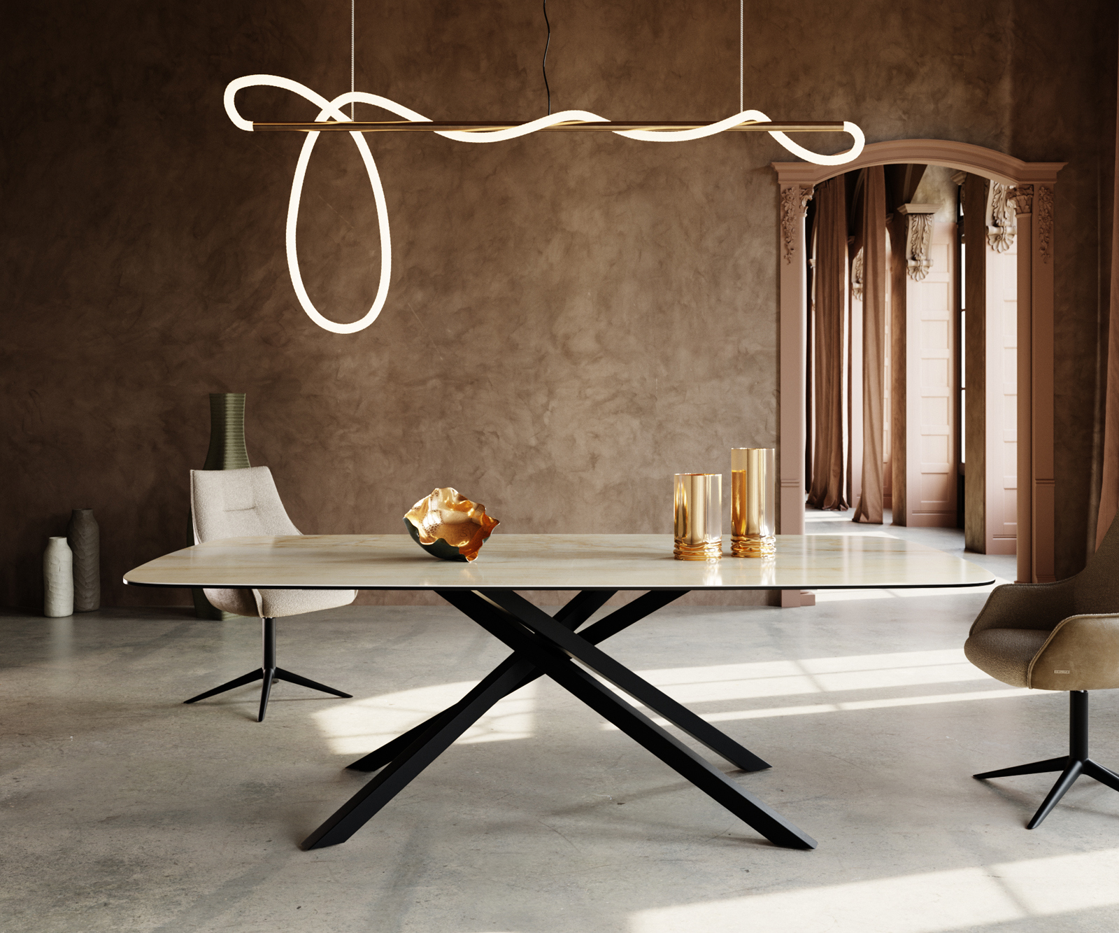 Jedálenský stôl Edge zaoblený 240x120 cm keramika Iris FMG Onice Oro krížová podstava obdĺžnik čierna - Image 2