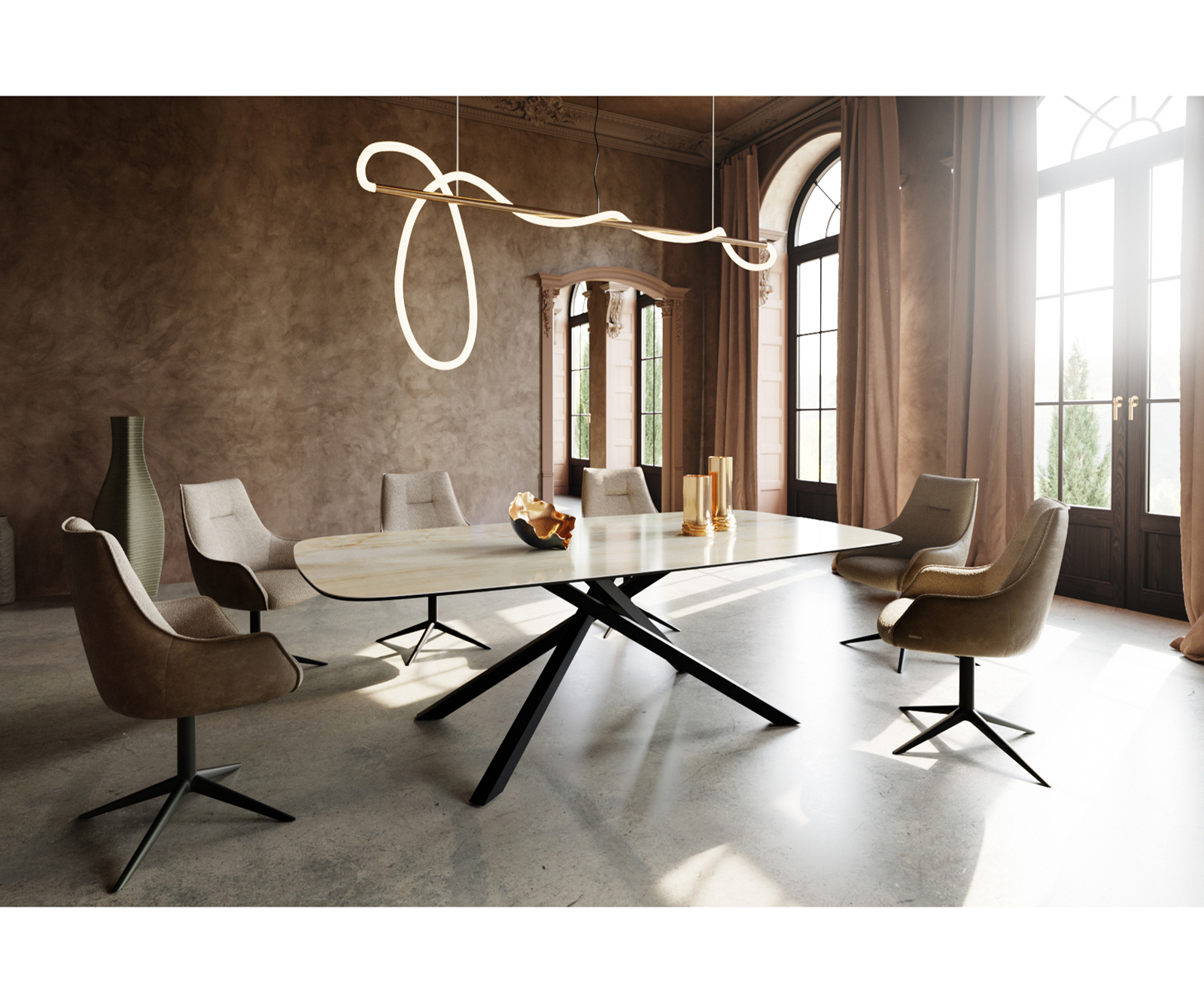 Jedálenský stôl Edge zaoblený 240x120 cm keramika Iris FMG Onice Oro krížová podstava obdĺžnik čierna - Image 6