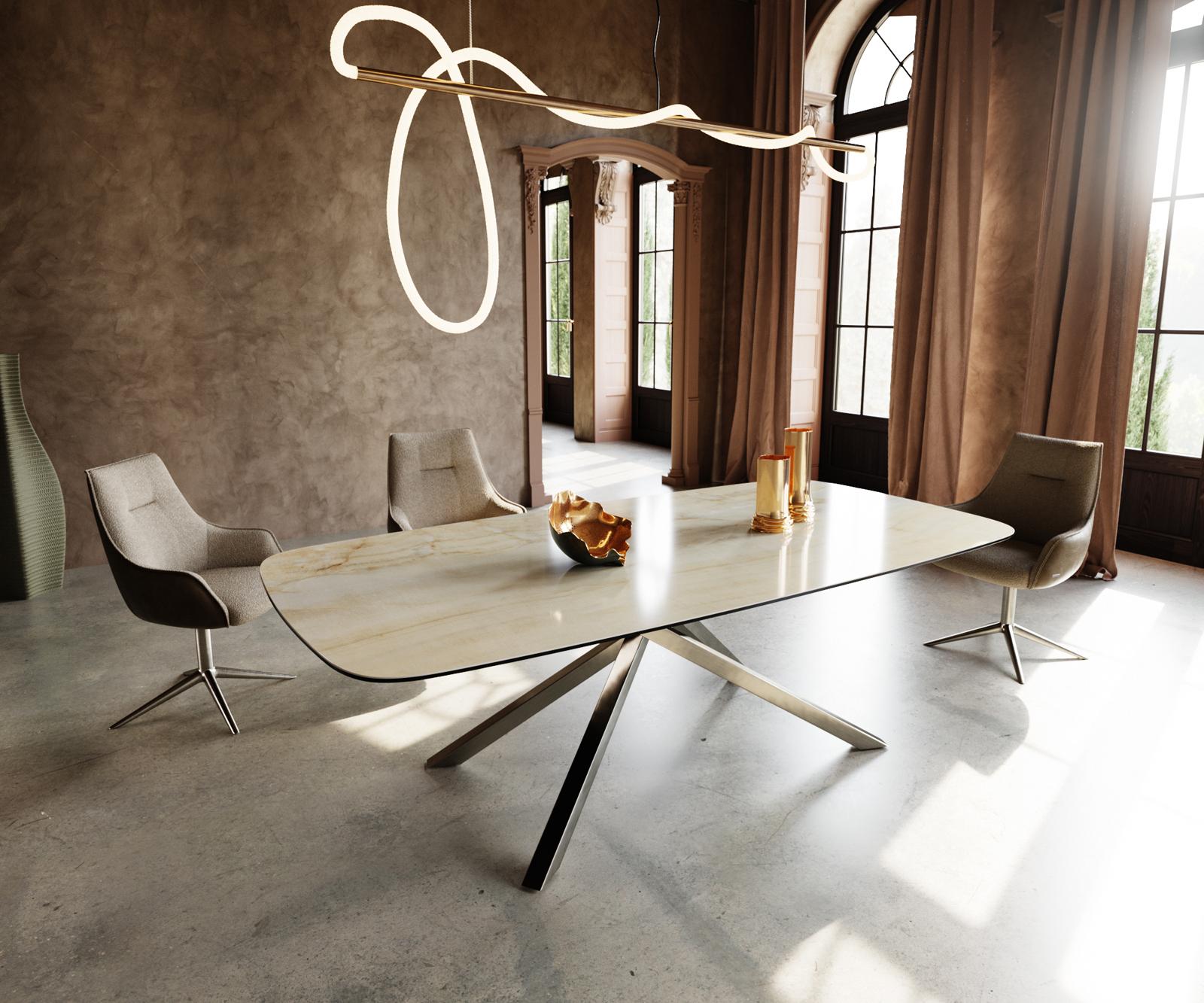 Jedálenský stôl Edge zaoblený 240x120 cm keramika Iris FMG Onice Oro krížová podstava hranatý nerezová oceľ