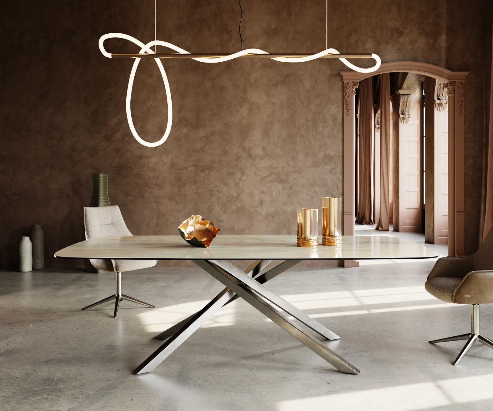 Jedálenský stôl Edge zaoblený 240x120 cm keramika Iris FMG Onice Oro krížová podstava hranatý nerezová oceľ - Image 2