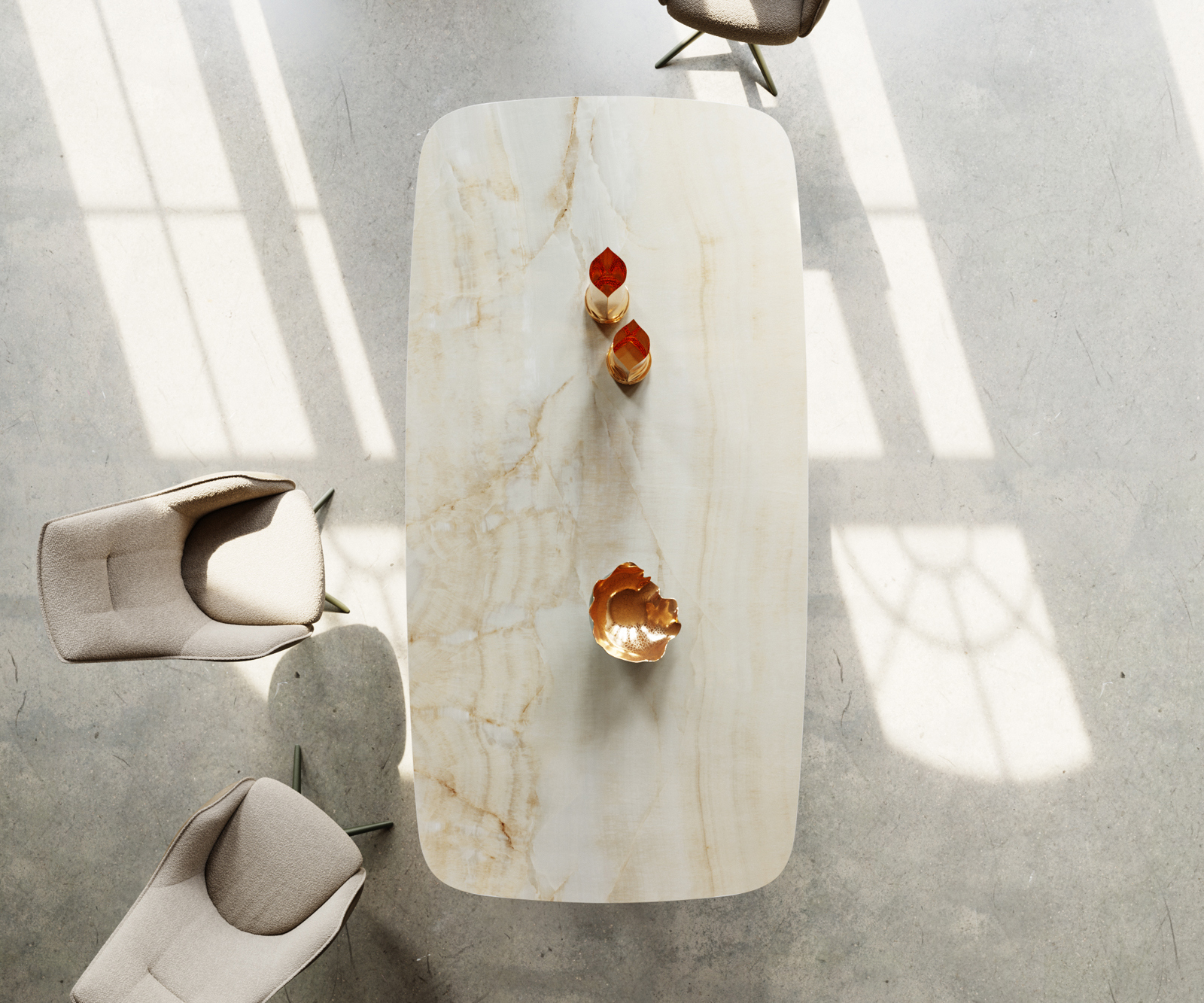 Jedálenský stôl Edge zaoblený 240x120 cm keramika Iris FMG Onice Oro krížová podstava hranatý nerezová oceľ - Image 4