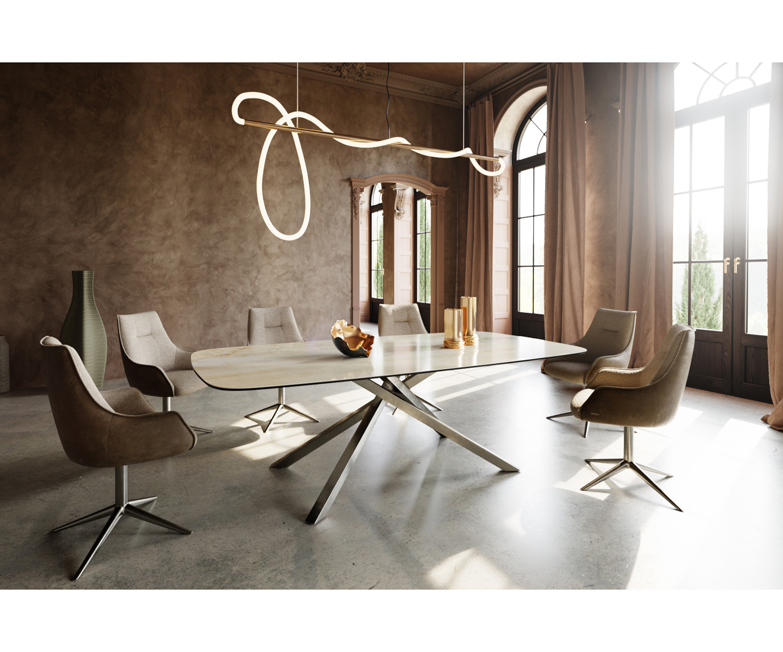 Jedálenský stôl Edge zaoblený 240x120 cm keramika Iris FMG Onice Oro krížová podstava hranatý nerezová oceľ - Image 6