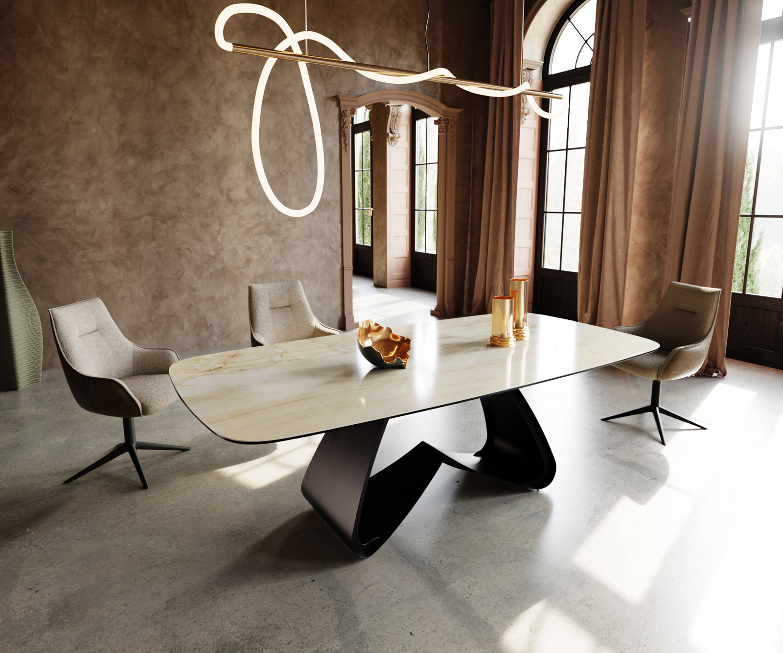 Jedálenský stôl Edge zaoblený tvar 240x120 cm keramika Iris FMG Onice Oro podstava v tvare W kov čierna