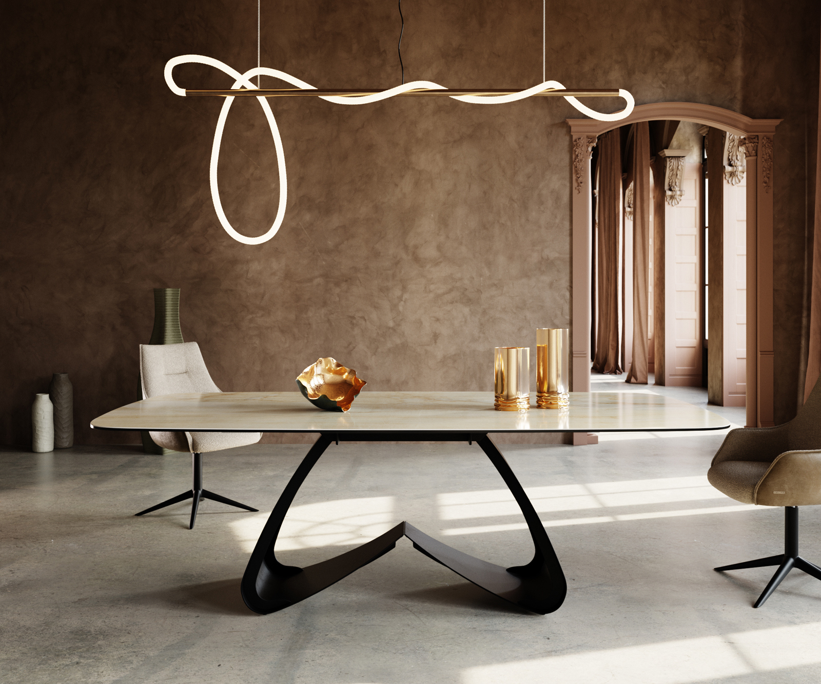 Jedálenský stôl Edge zaoblený tvar 240x120 cm keramika Iris FMG Onice Oro podstava v tvare W kov čierna - Image 2