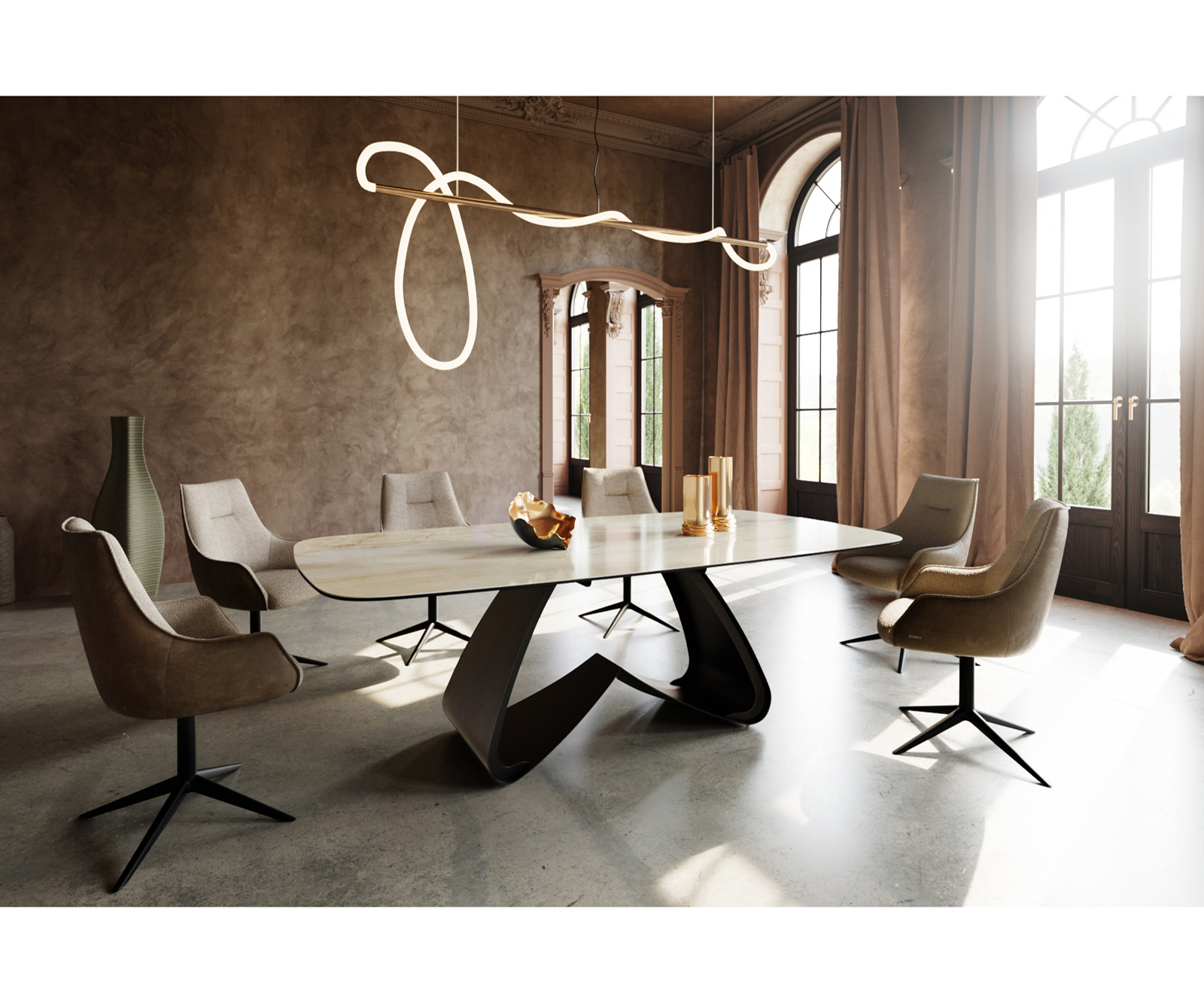 Jedálenský stôl Edge zaoblený tvar 240x120 cm keramika Iris FMG Onice Oro podstava v tvare W kov čierna - Image 6