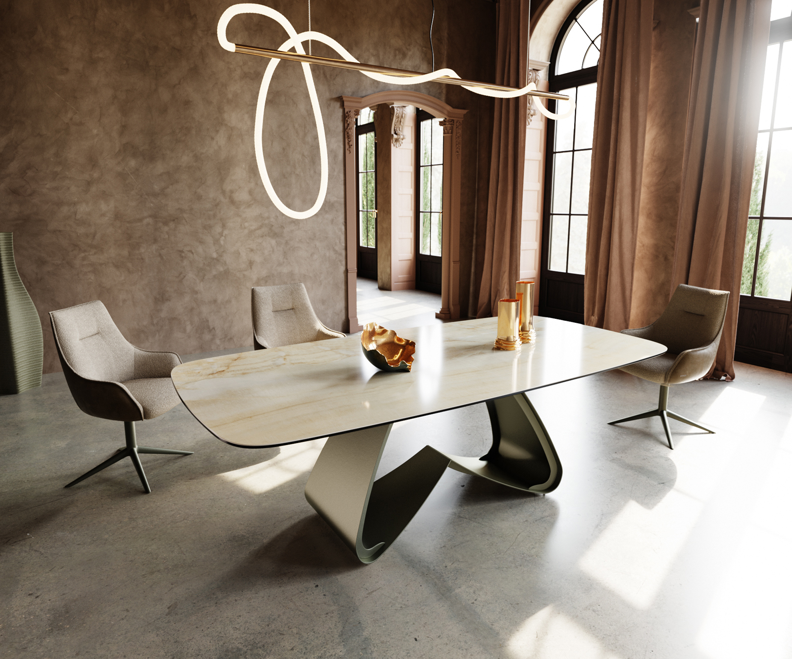 Jedálenský stôl Edge zaoblený 240x120 cm keramika Iris FMG Onice Oro podstava v tvare W kov titánová farba