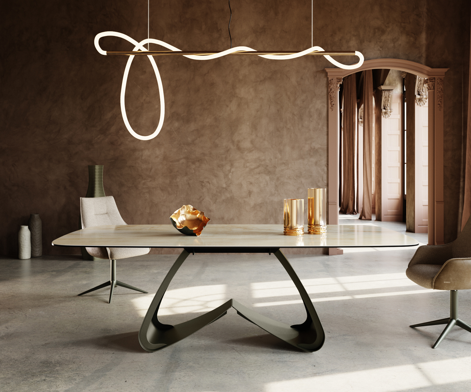 Jedálenský stôl Edge zaoblený 240x120 cm keramika Iris FMG Onice Oro podstava v tvare W kov titánová farba - Image 2