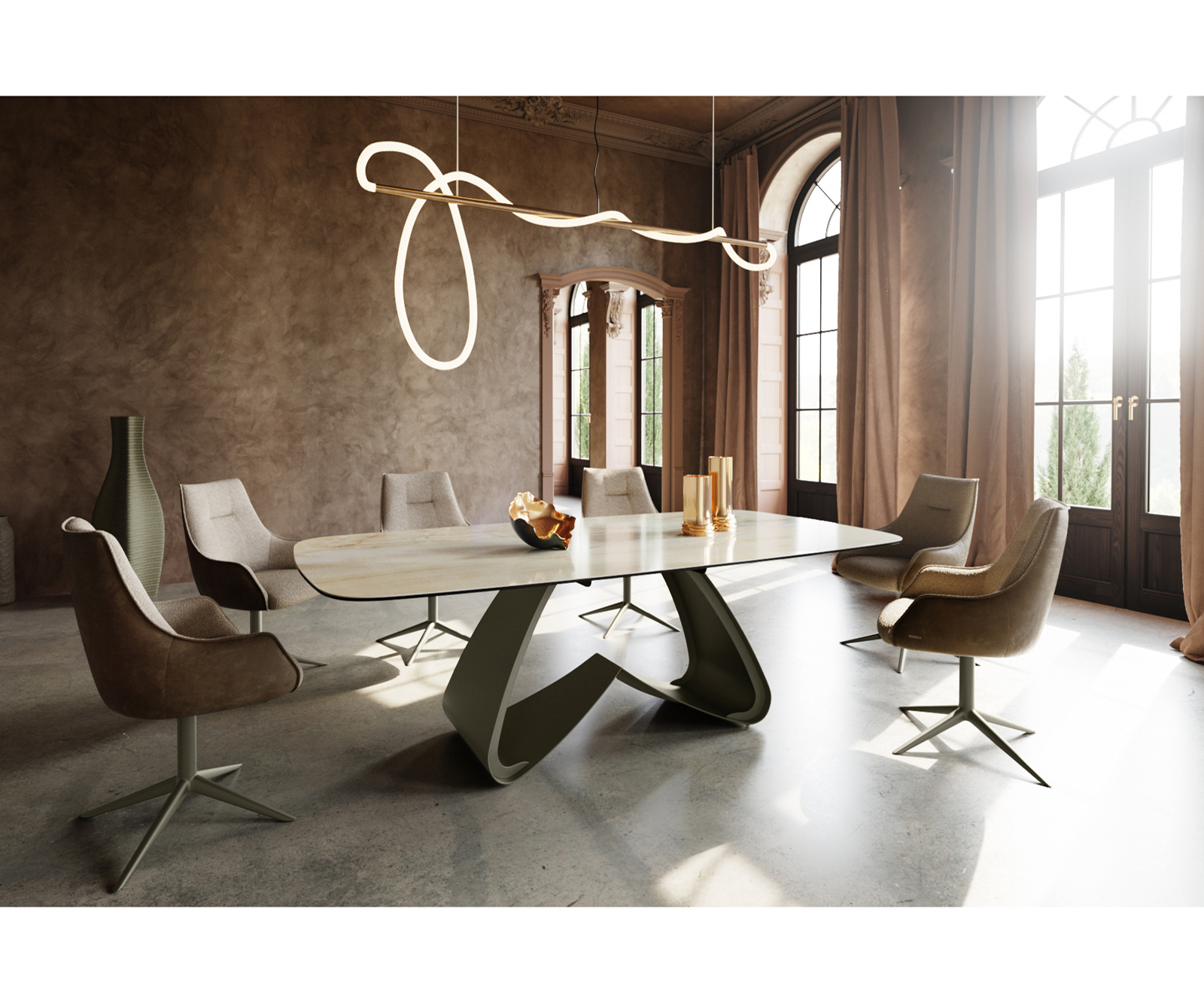 Jedálenský stôl Edge zaoblený 240x120 cm keramika Iris FMG Onice Oro podstava v tvare W kov titánová farba - Image 6