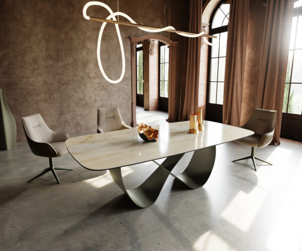 Jedálenský stôl Edge zaoblený tvar 240x120 cm keramika Iris FMG Onice Oro Infinity kov titánová farba efekt