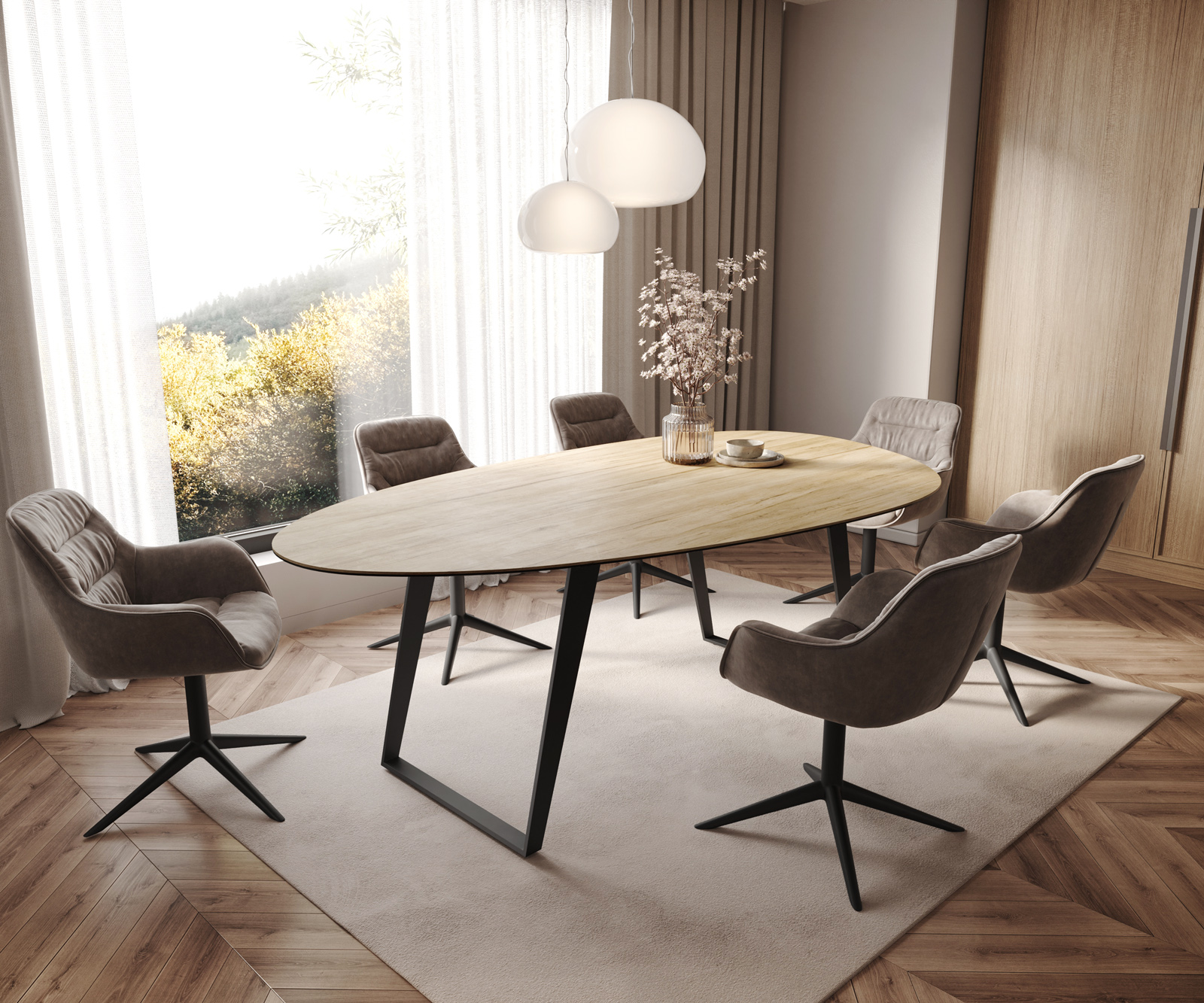 Jedálenský stôl Edge oválny 220x120 cm keramika Laminam® sabbia dubová farba kov šikmý čierna - Image 7