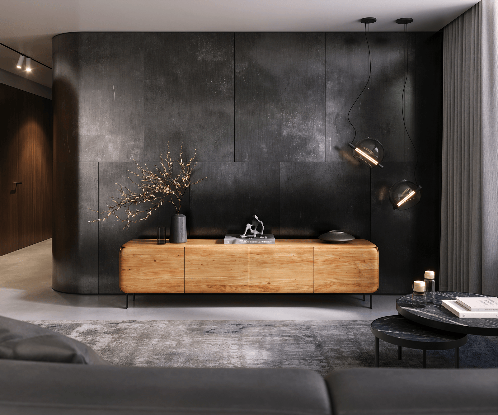 TV stolík Shavani 220 cm akácia prírodná 4 dvierka podstava v tvare L kov čierna - Image 2