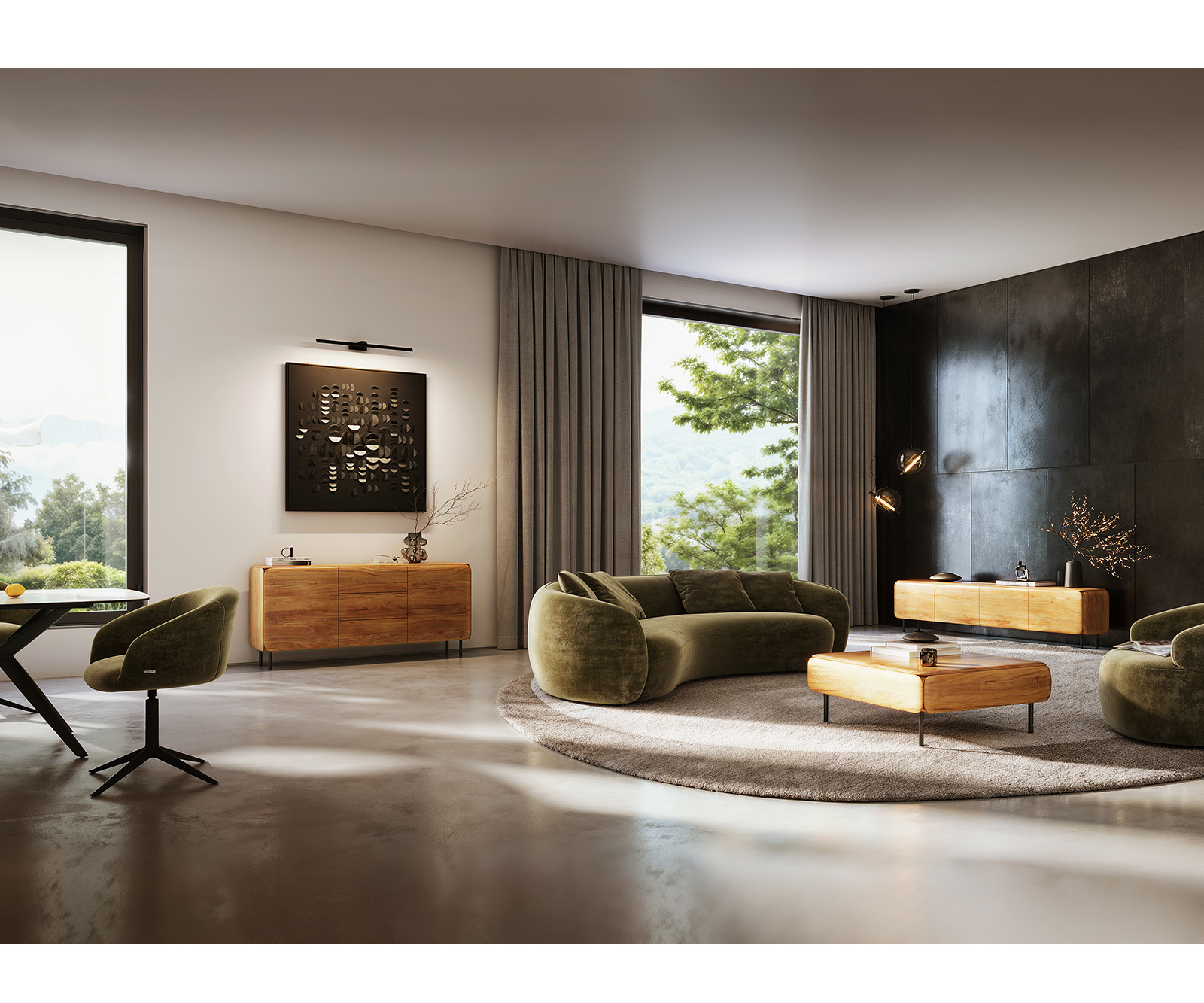 TV stolík Shavani 220 cm akácia prírodná 4 dvierka podstava v tvare L kov čierna - Image 6