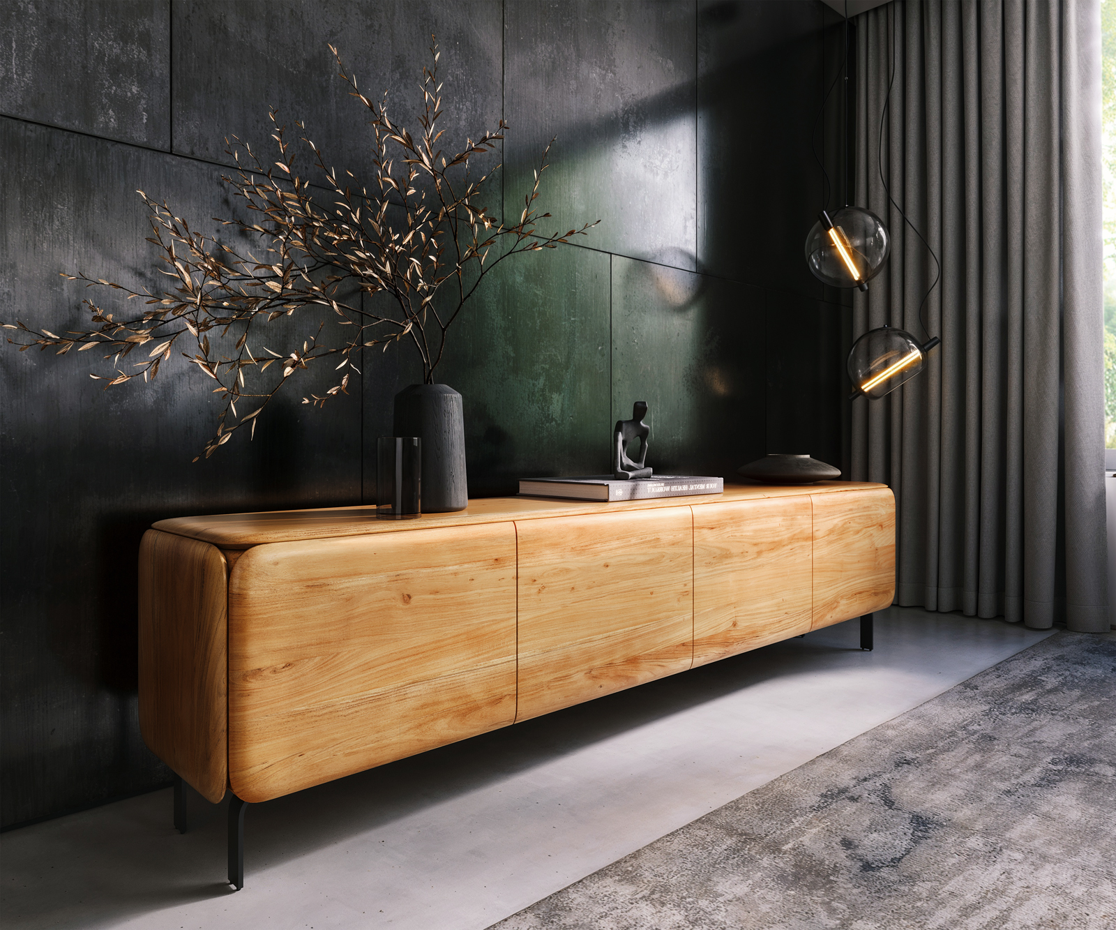 TV stolík Shavani 220 cm akácia prírodná 4 dvierka podstava v tvare L kov čierna