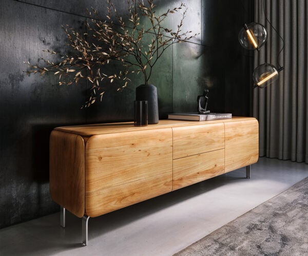 TV stolík Shavani 175 cm akácia prírodná 2 dvierka 2 zásuvky podstava v tvare L nerezová oceľ strieborná