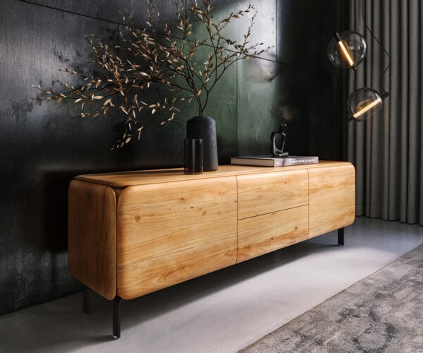 TV stolík Shavani 175 cm akácia prírodná 2 dvierka 2 zásuvky podstava v tvare L kov čierna