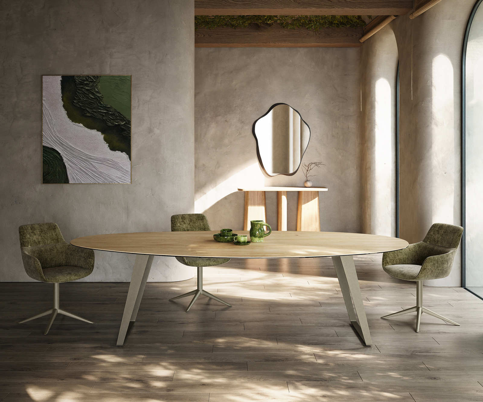 Jedálenský stôl Edge oválny 280x130 cm keramika Laminam® sabbia dubová kov šikmý titánová farba - Image 2