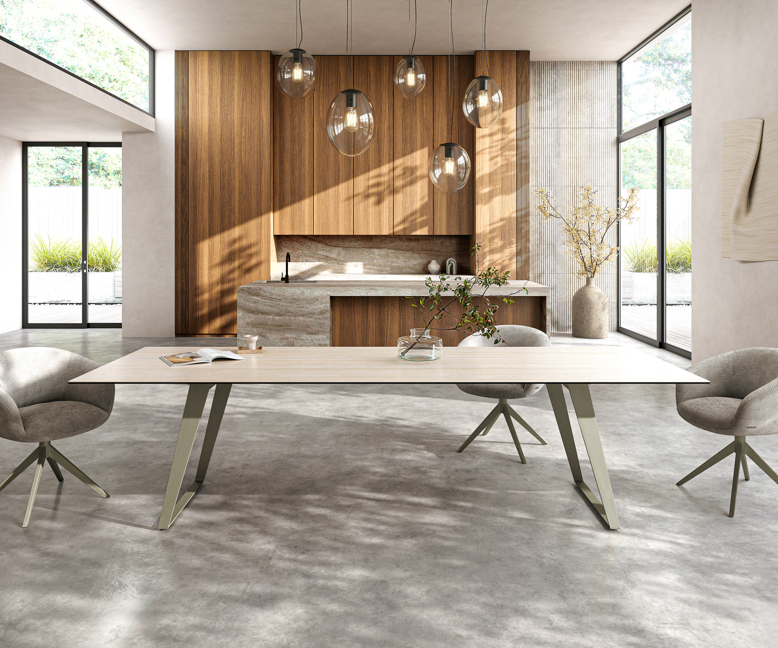 Jedálenský stôl Edge 300x100 cm keramika Laminam® Travertino Bianco bielo-krémová kovová skosená Titánová farba - Image 2