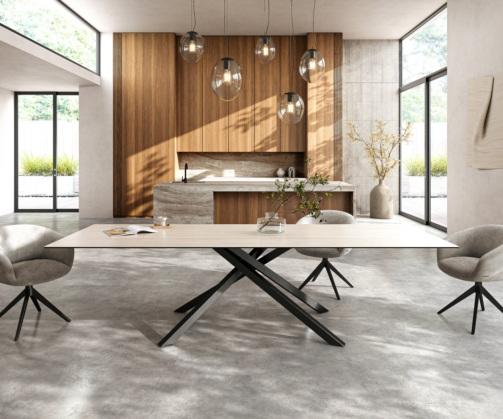 Jedálenský stôl Edge 300x100 cm keramika Laminam®Travertino Bianco krémovo biela krížová podstava hranatý čierna - Image 2