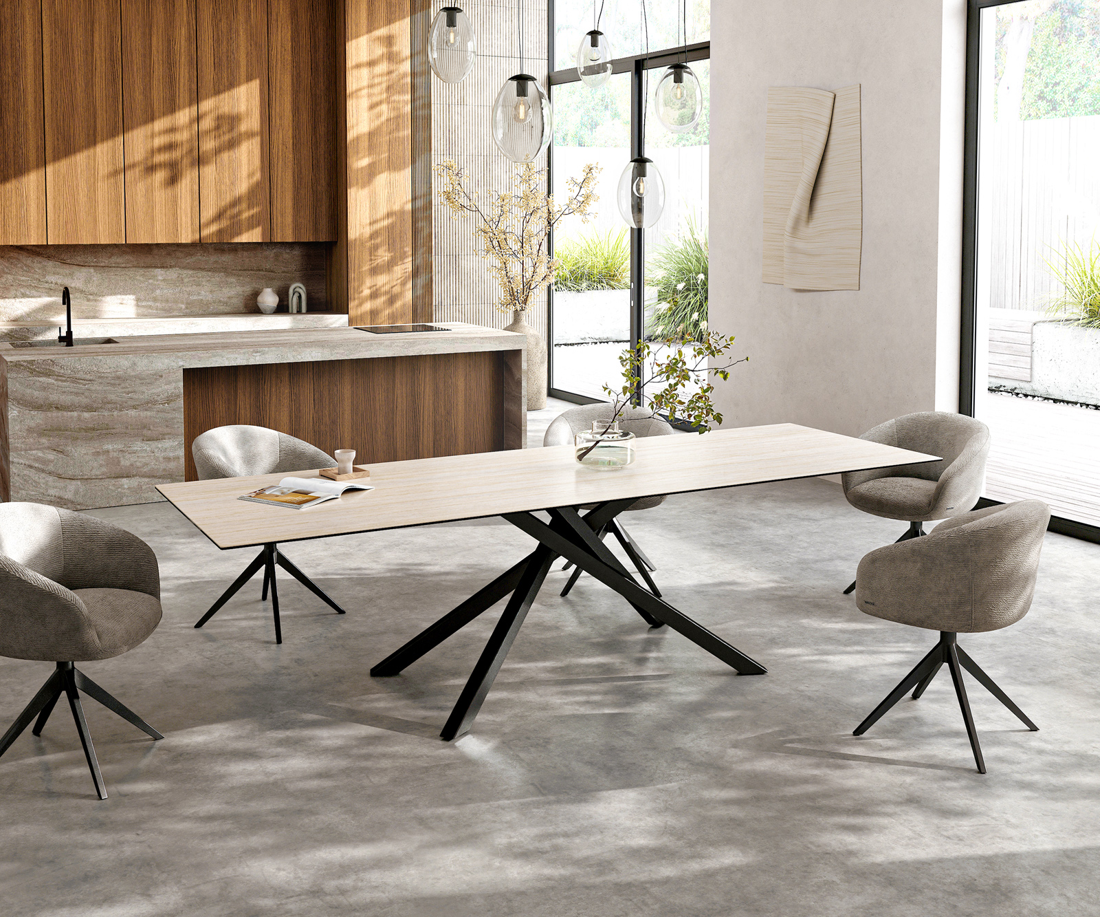 Jedálenský stôl Edge 300x100 cm keramika Laminam®Travertino Bianco krémovo biela krížová podstava hranatý čierna - Image 7