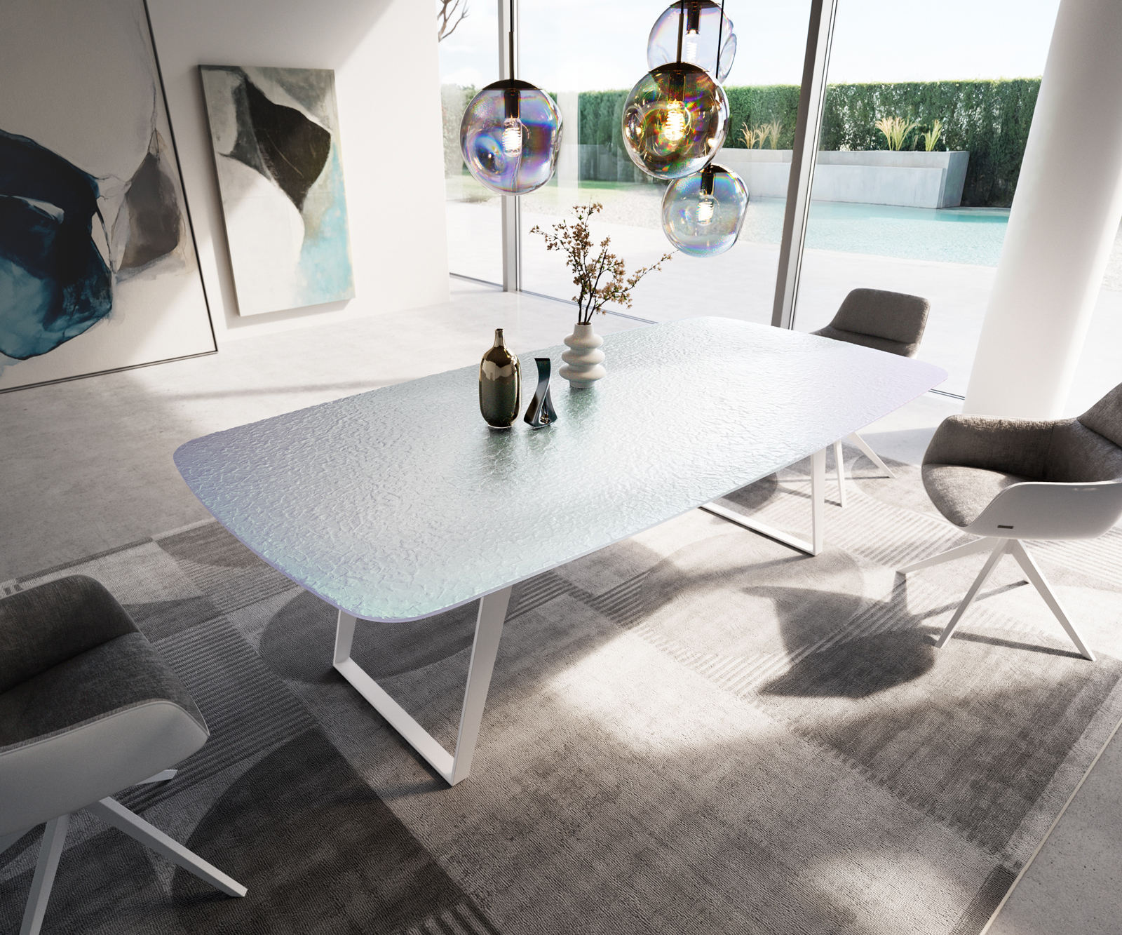 Jedálenský stôl Edge zaoblený tvar 240x120 cm reliéfne sklo perleť 3D dizajn kov šikmý biela