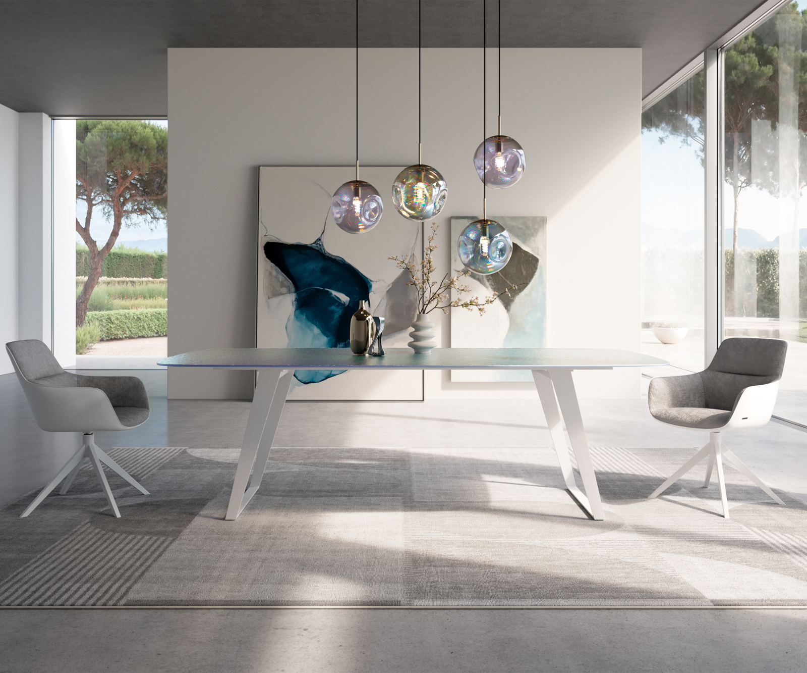 Jedálenský stôl Edge zaoblený tvar 240x120 cm reliéfne sklo perleť 3D dizajn kov šikmý biela - Image 2