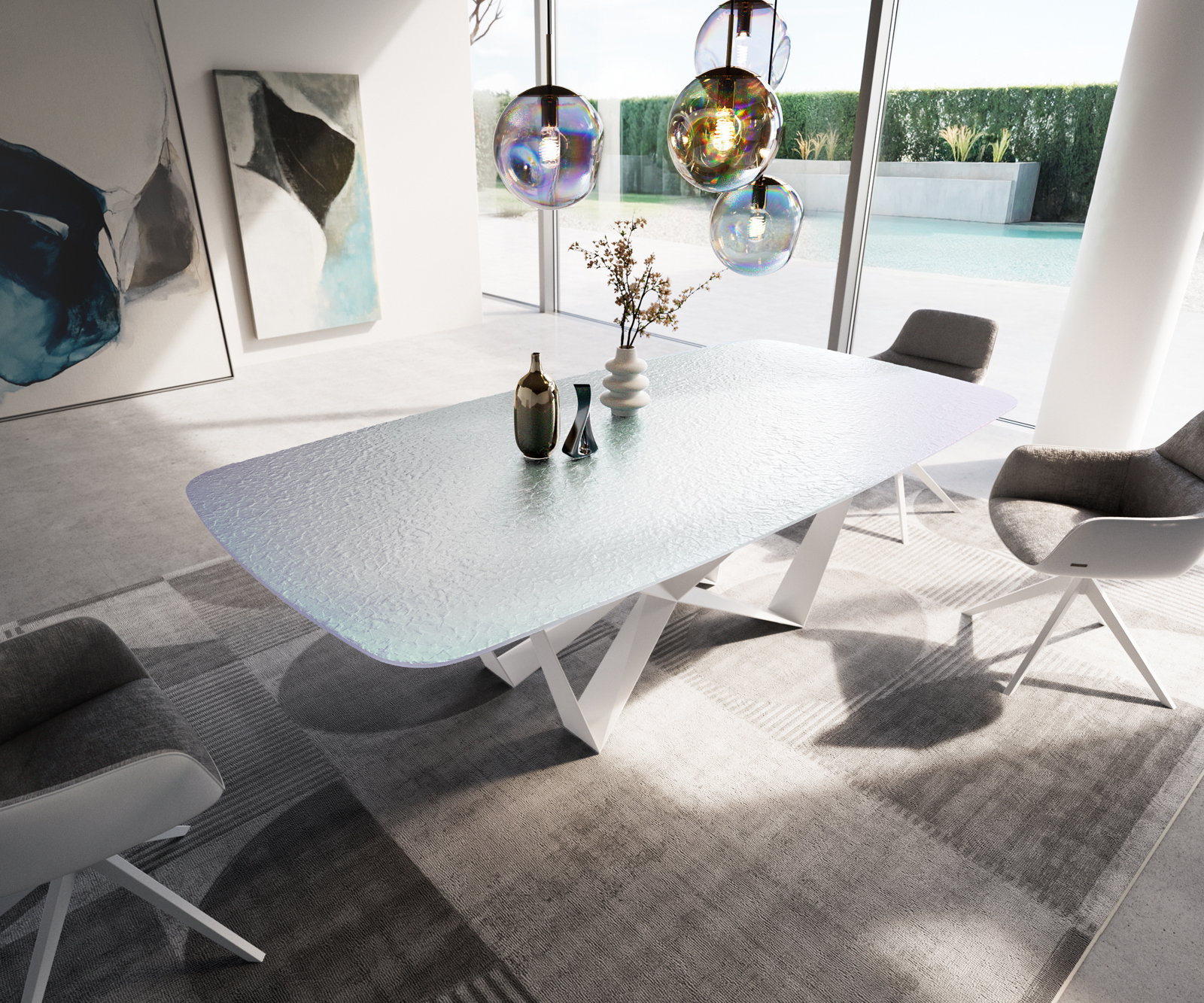 Jedálenský stôl Edge zaoblený tvar 240x120 cm reliéfne sklo perleťová 3D dizajn Spider kov biela