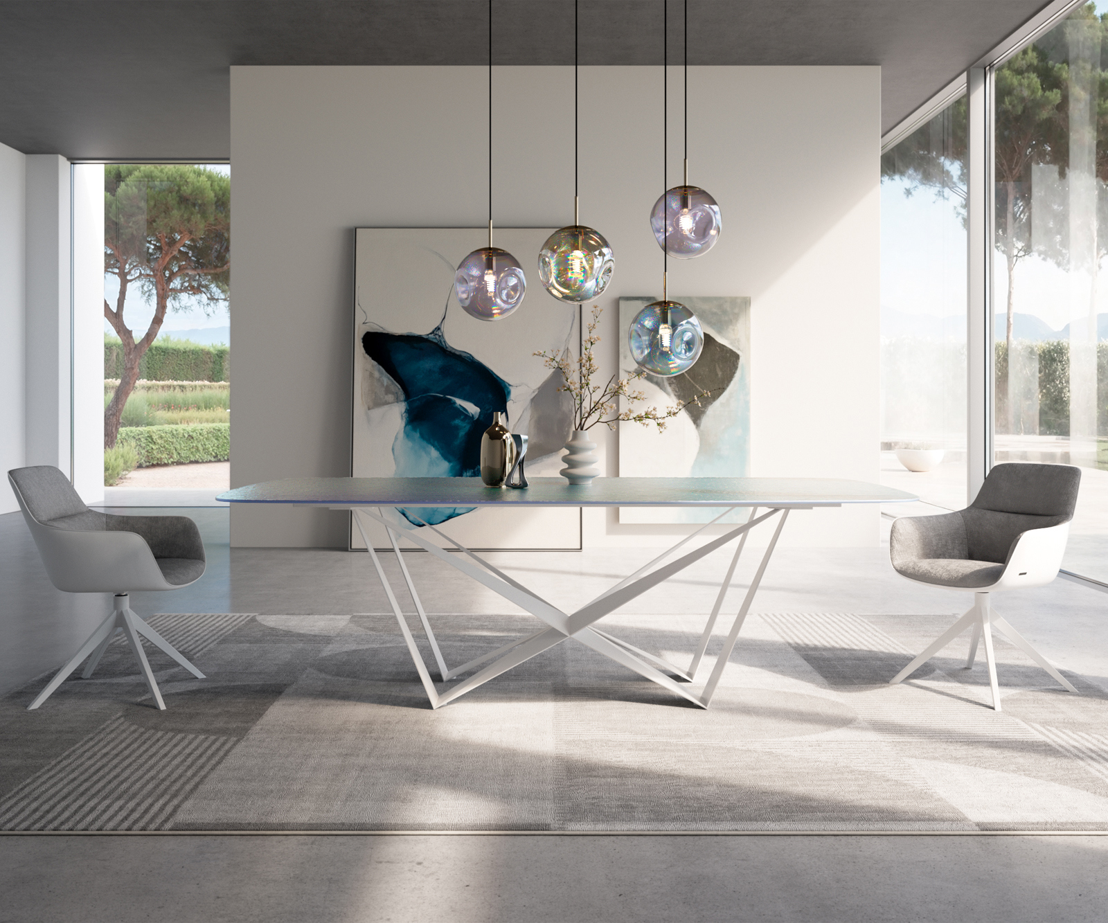 Jedálenský stôl Edge zaoblený tvar 240x120 cm reliéfne sklo perleťová 3D dizajn Spider kov biela - Image 2