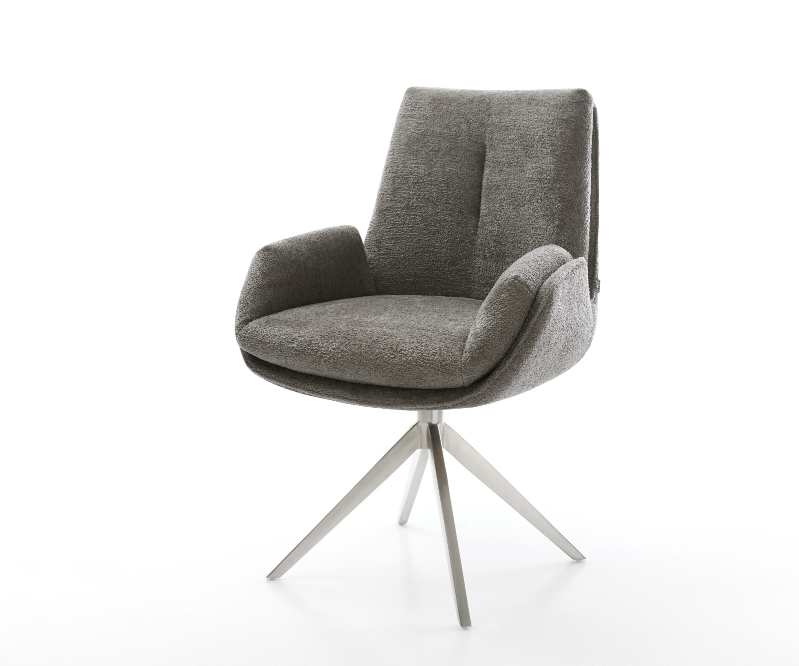 Jedálenská stolička Clea-Flex bouclé mäkký tmavobéžová krížová podstava široká nerezová oceľ 360° otočná hojdacia funkcia