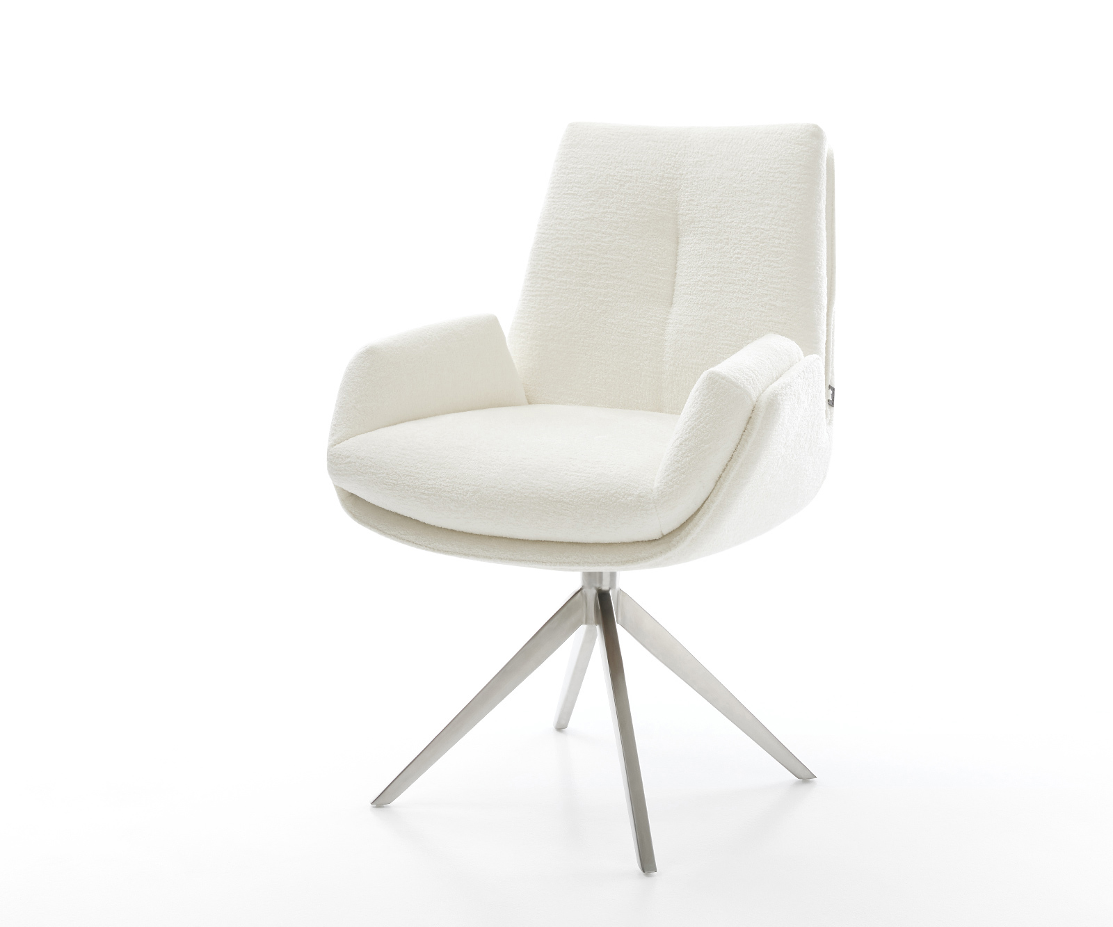 Jedálenská stolička Clea-Flex bouclé mäkký béžová krížová podstava široká nerezová oceľ 360° otočný hojdacia funkcia