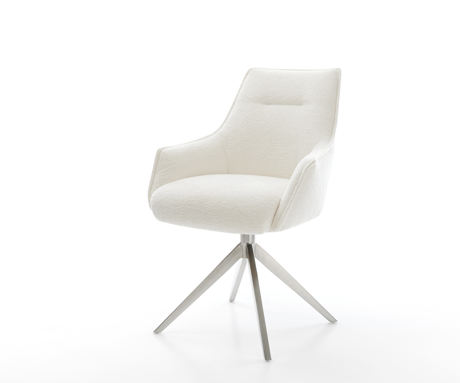 Jedálenská stolička Alja-Flex s opierkami bouclé mäkká béžová krížová podstava široká nerezová oceľ otočný o 360° hojdacia funkcia vrecková pružina