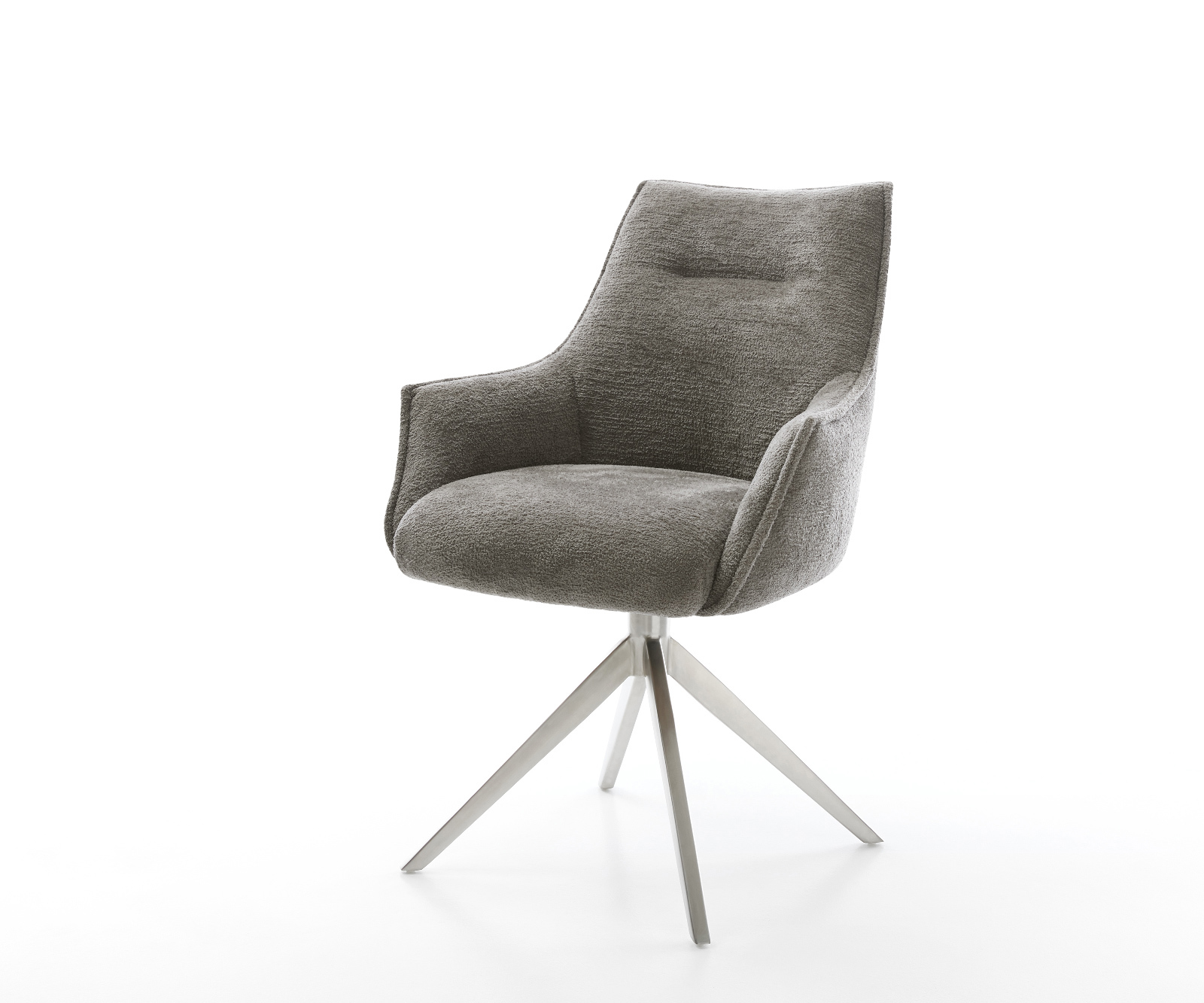 Jedálenská stolička Alja-Flex s opierkami bouclé mäkký tmavobéžová krížová podstava široká nerezová oceľ otočný 360° hojdacia funkcia vrecková pružina