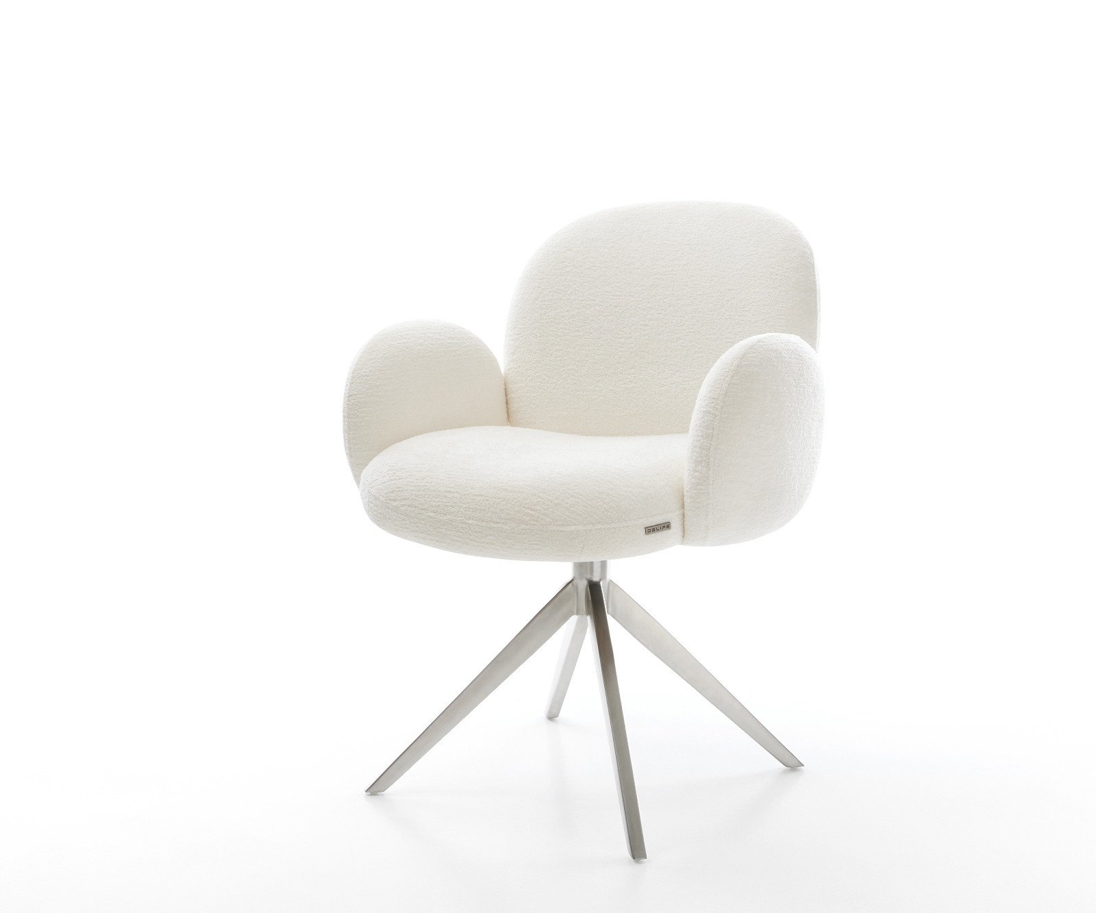 Jedálenská stolička Nube-Flex s opierkami bouclé mäkký béžová krížová podstava široká nerezová oceľ 360° otočný hojdacia funkcia vrecková pružina