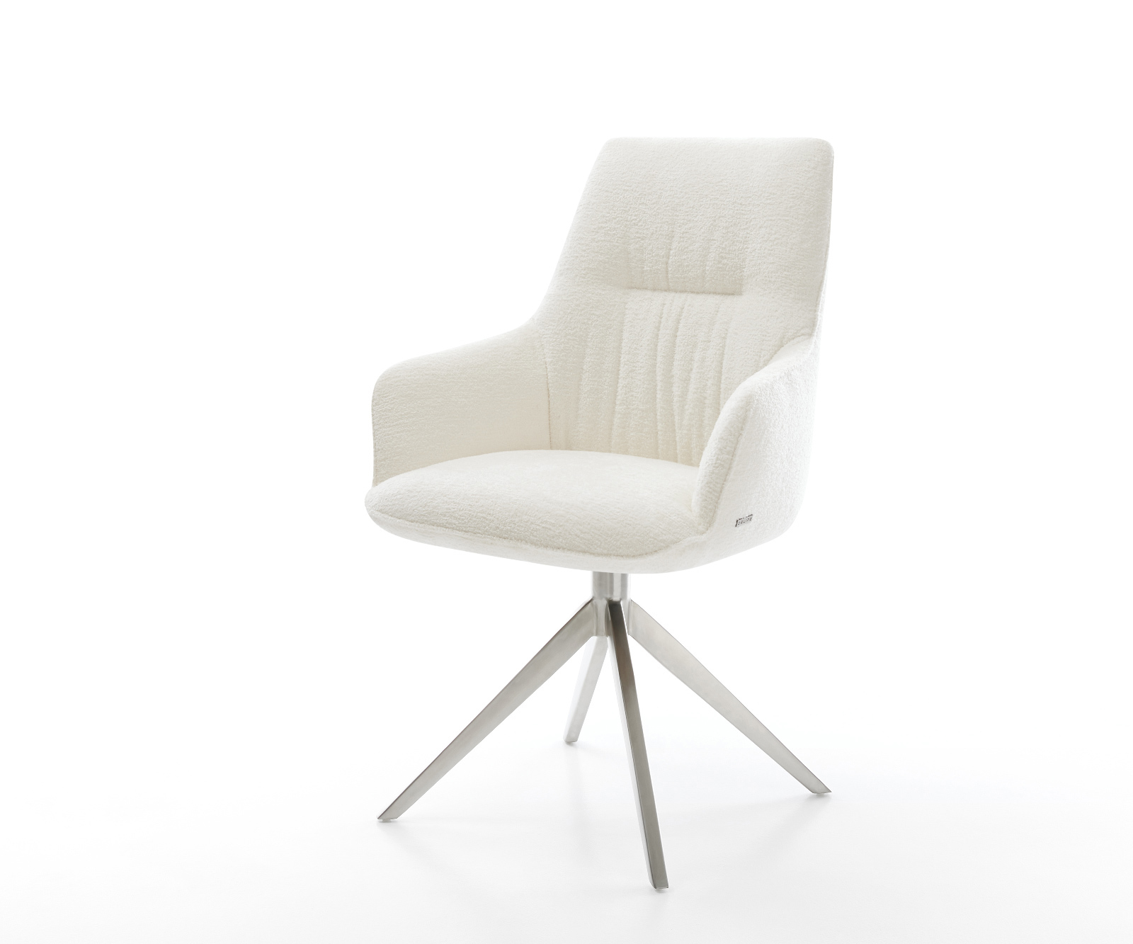 Jedálenská stolička Zelia-Flex s opierkami bouclé mäkká béžová krížová podstava široká nerezová oceľ 360° otočný hojdacia funkcia vrecková pružina