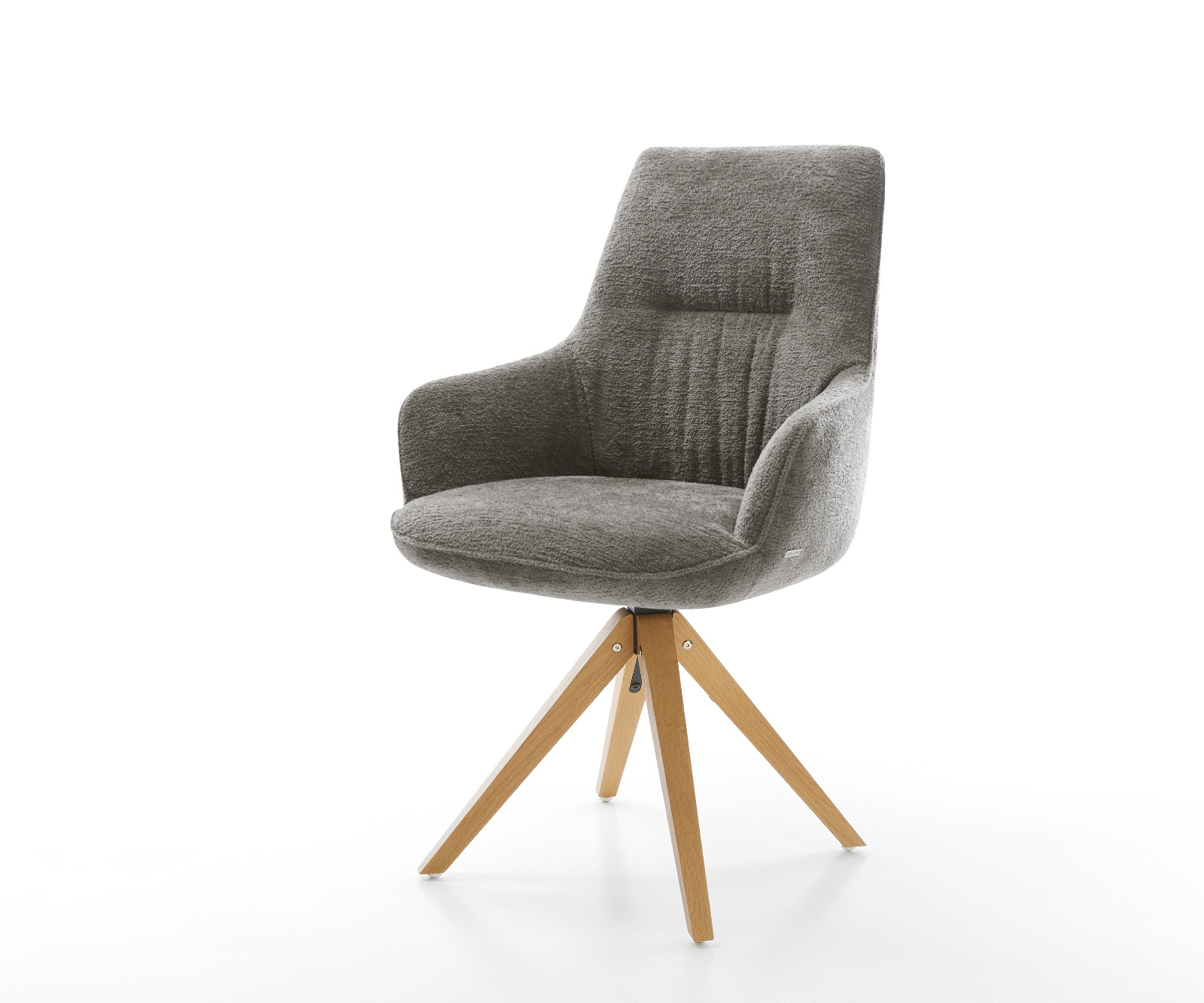 Jedálenská stolička Zelia-Flex s opierkami bouclé mäkký tmavobéžová drevená podstava hranatá prírodná 180° otočný vrecková pružina