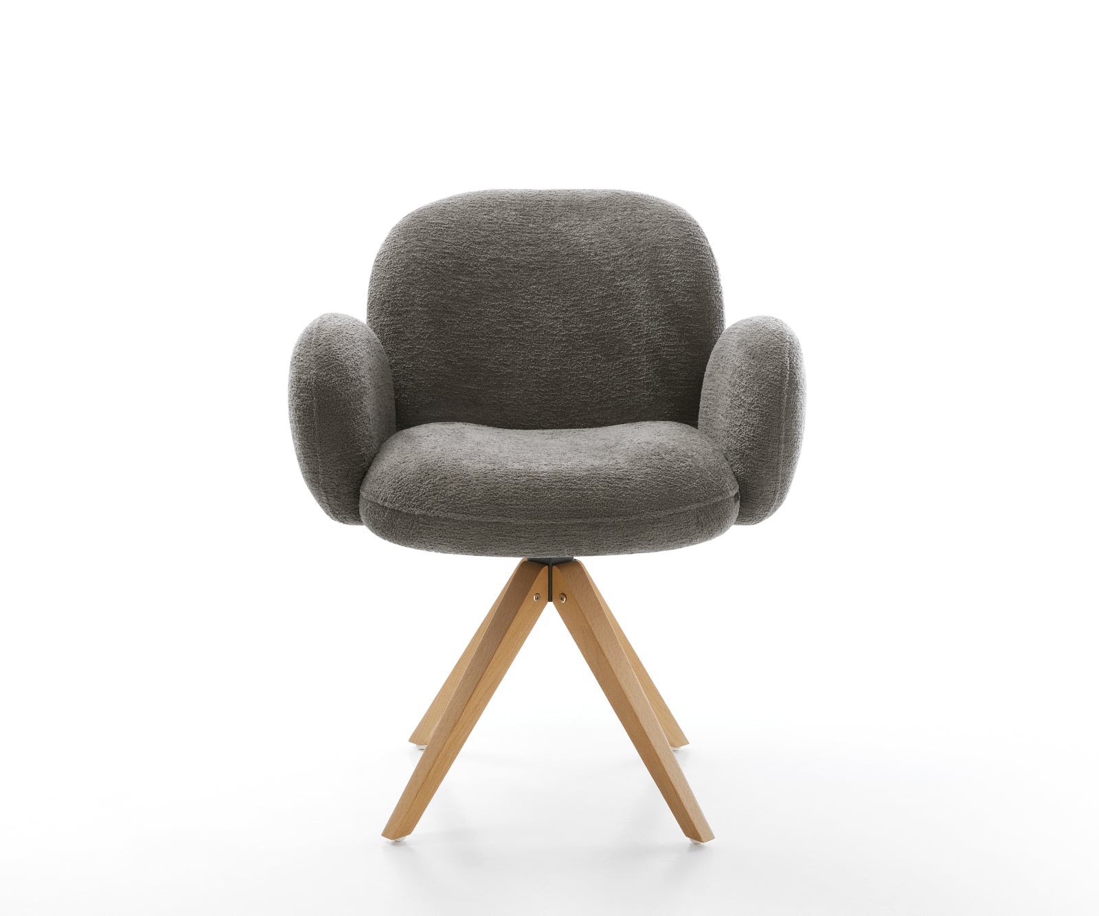 Jedálenská stolička Nube-Flex s opierkami bouclé mäkký tmavobéžová drevená podstava hranatá prírodná 180° otočný vrecková pružina - Image 2