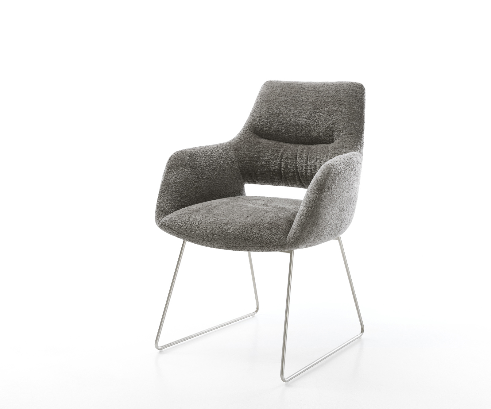 Jedálenská stolička Yago-Flex s opierkami bouclé mäkký tmavobéžová tenká podstava nerezová oceľ vrecková pružina