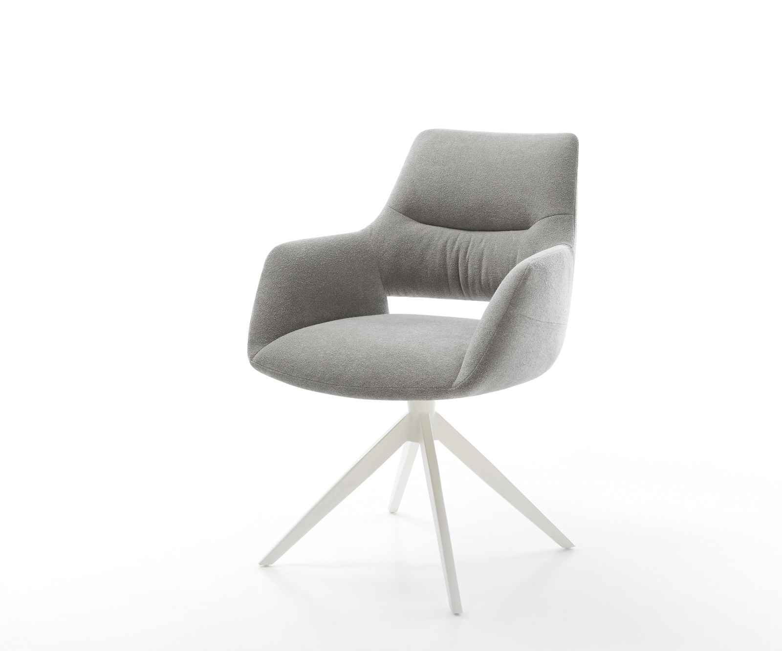 Jedálenská stolička Yago-Flex s opierkami texturovaná látka mäkká sivá krížová podstava široká biela 360° otočný hojdacia funkcia vrecková pružina